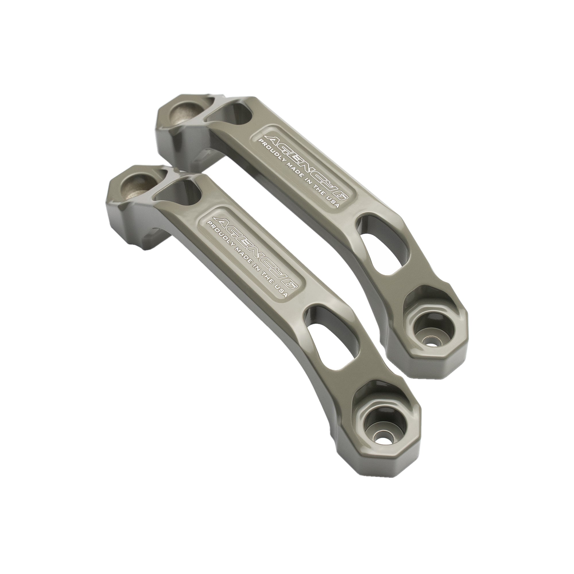 Pair of grey metal grab handles for off-road vehicle accessories, isolated on white background
