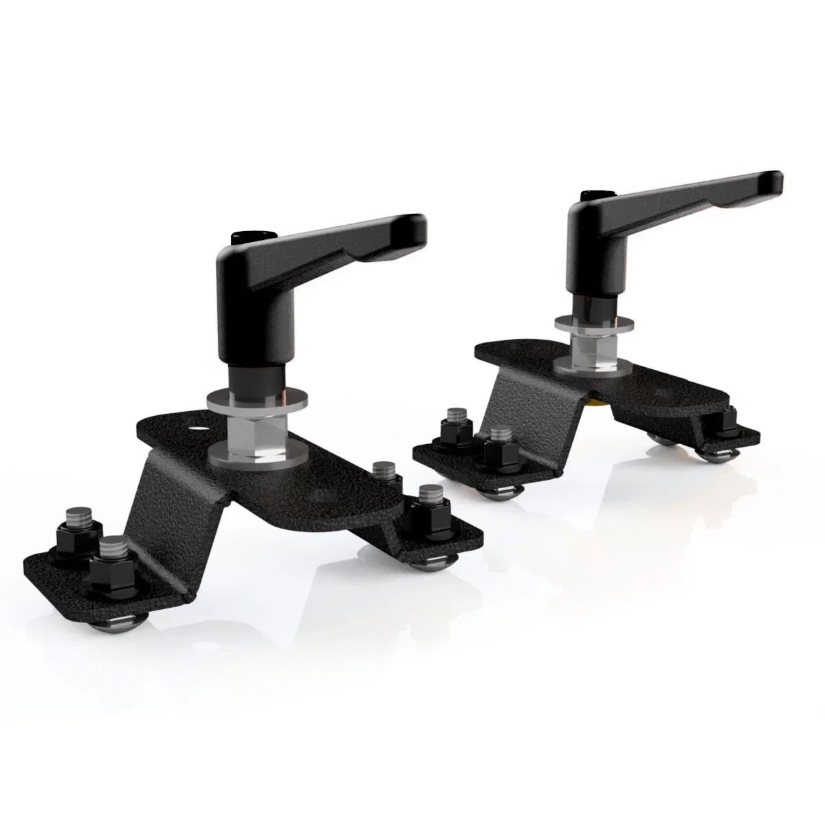 Pair of black metal mounting brackets with adjustable handles for off-road vehicle accessories