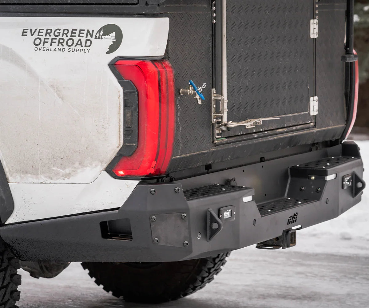 High clearance Toyota Tundra rear bumper with off-road upgrade and step features