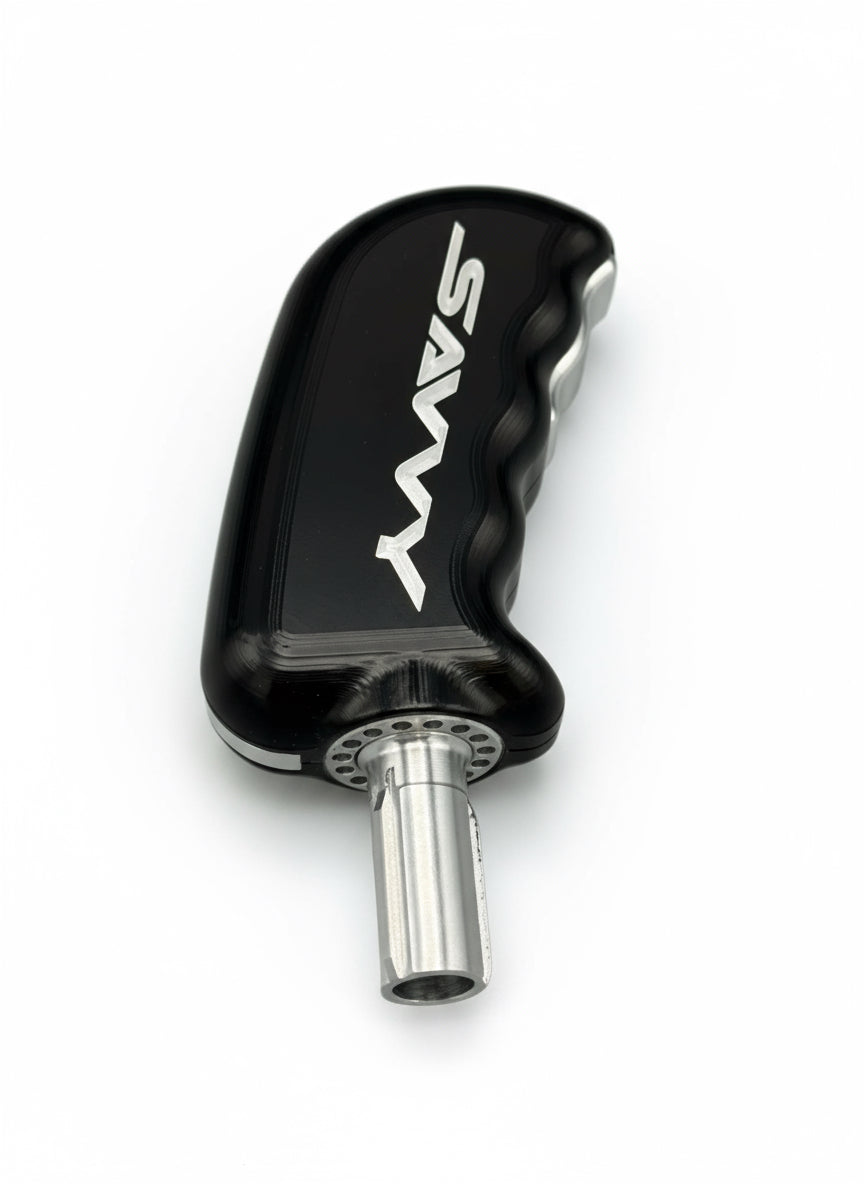 Black custom engraved shift knob with ergonomic grip and silver lettering for off-road vehicles