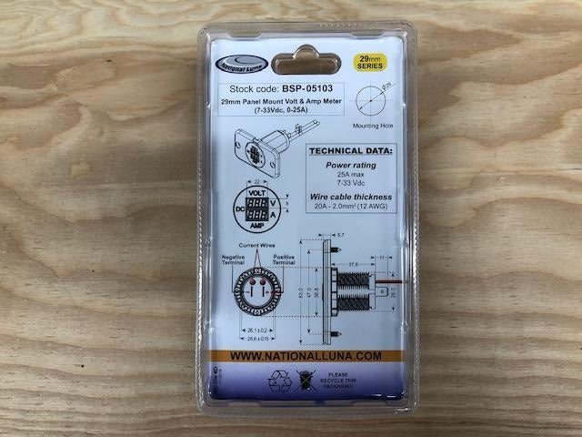 Voltímetro y amperímetro de montaje en panel Equipt de 29 mm (7-33 V/0-25 A)