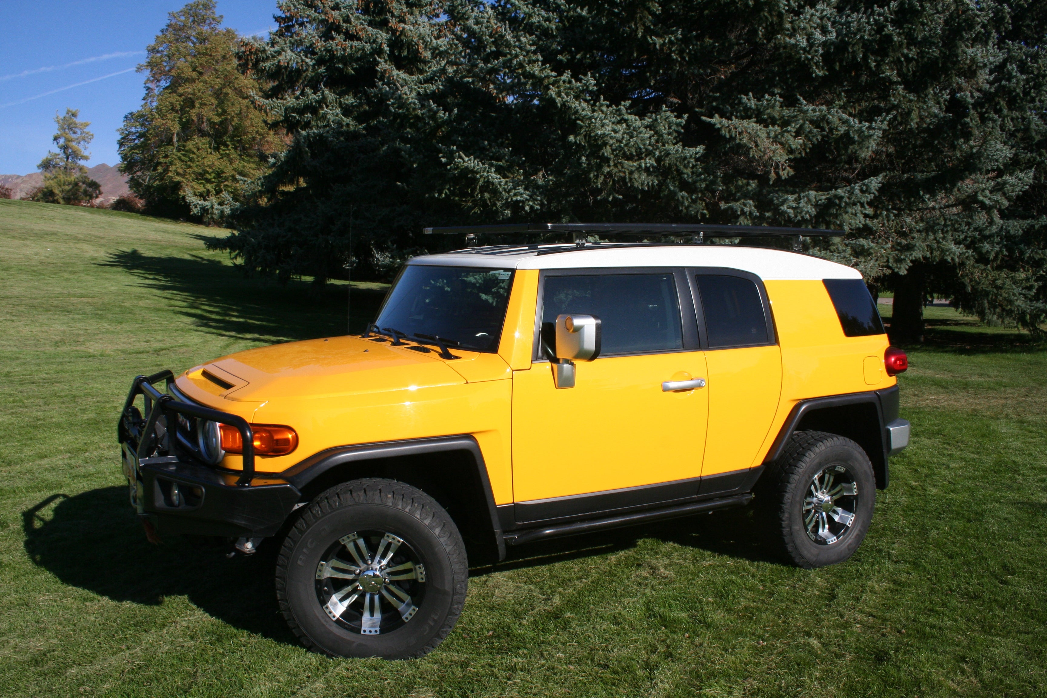 Yellow Toyota FJ Cruiser SUV with roof rack and off-road bumper parked on grass