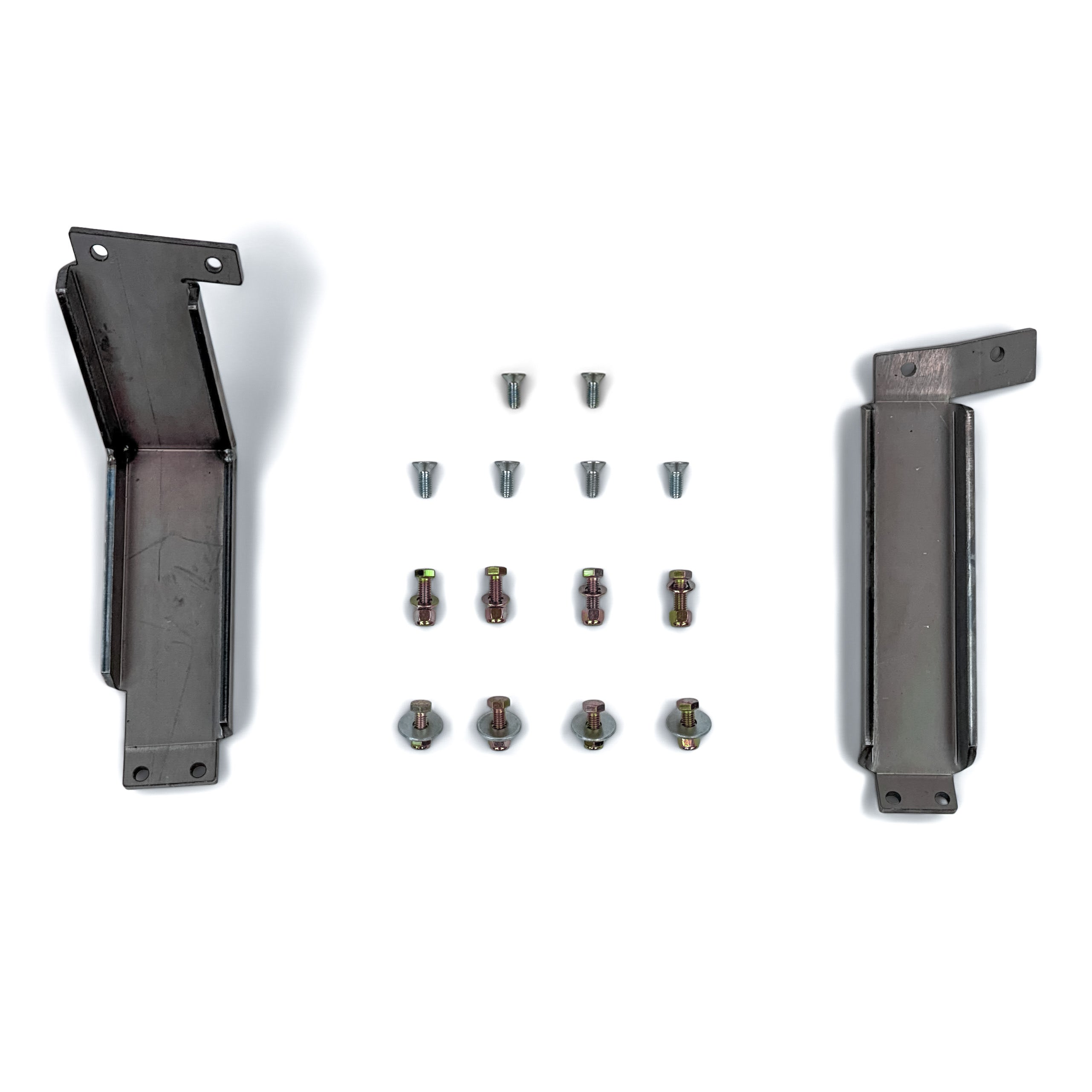 Steel mounting brackets and hardware kit for overlanding vehicle accessories on white background