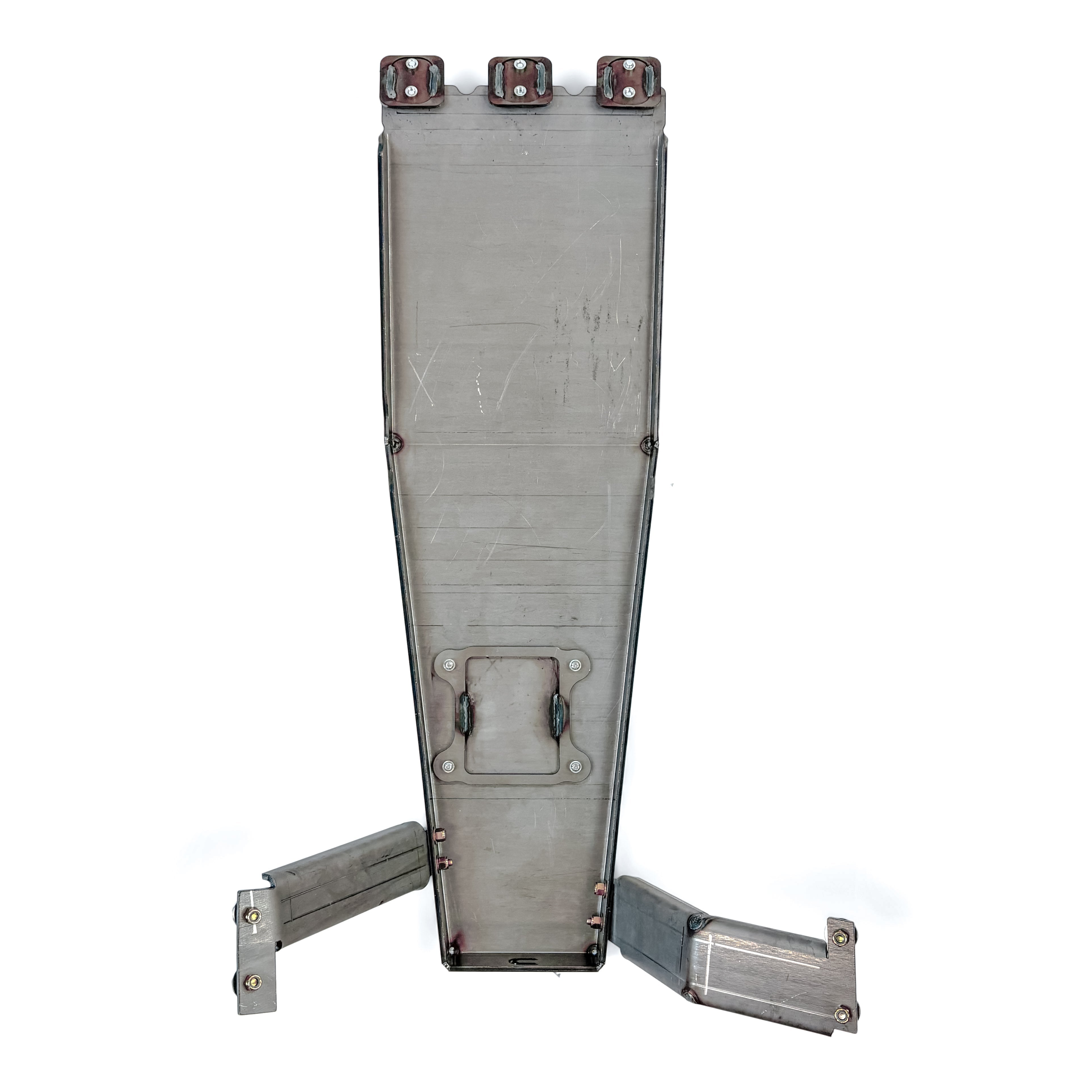 Raw metal skid plate with mounting brackets for off-road vehicle undercarriage protection