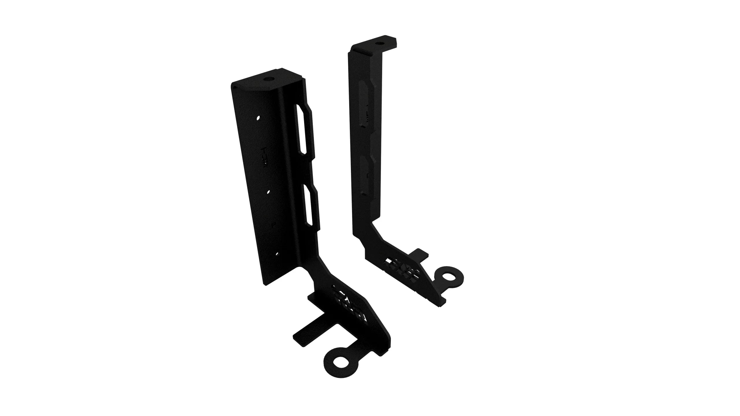 Isometric view of two black steel mounting brackets for off-road vehicle accessories.