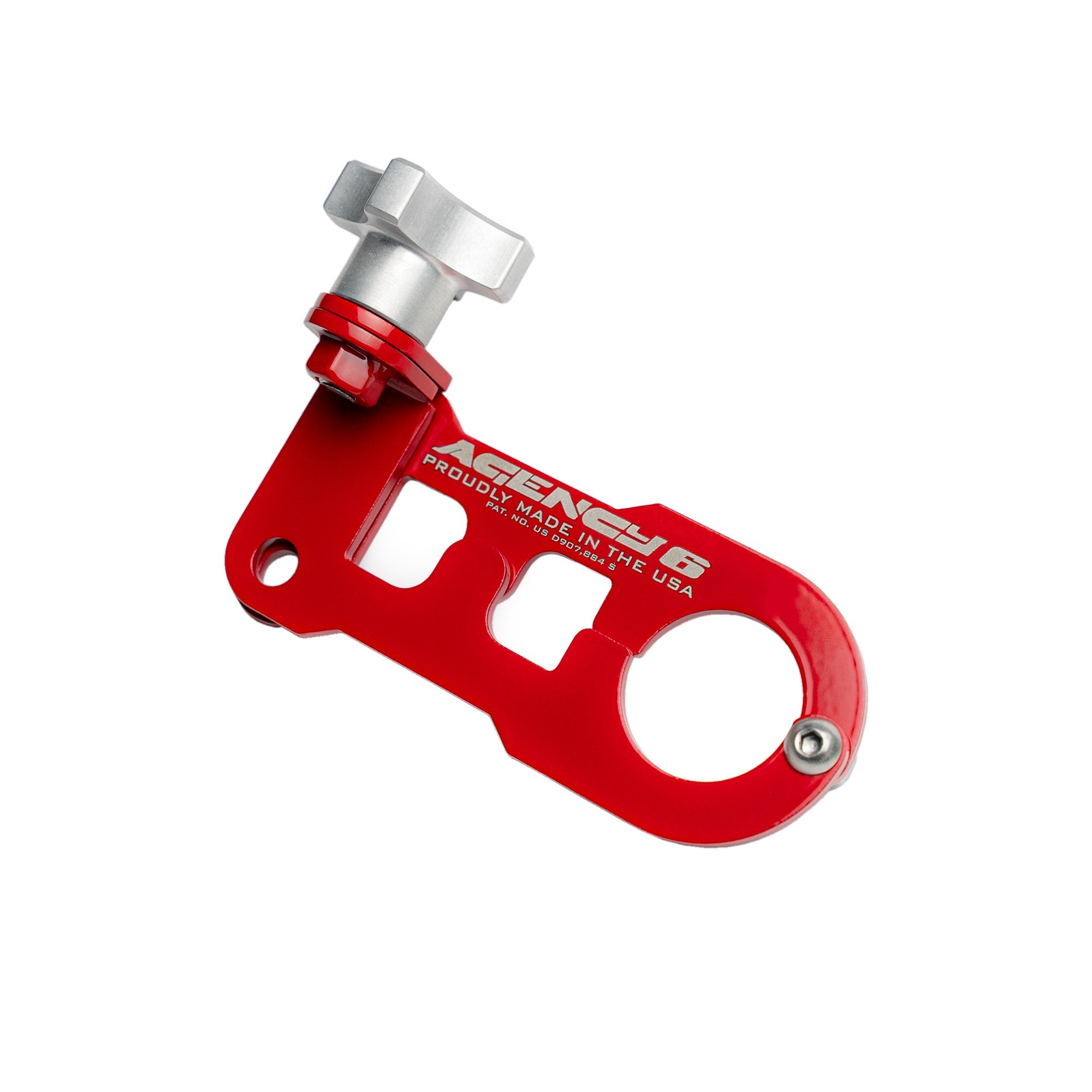 Red metal jack handle keeper accessory with mounting knob for off-road vehicles