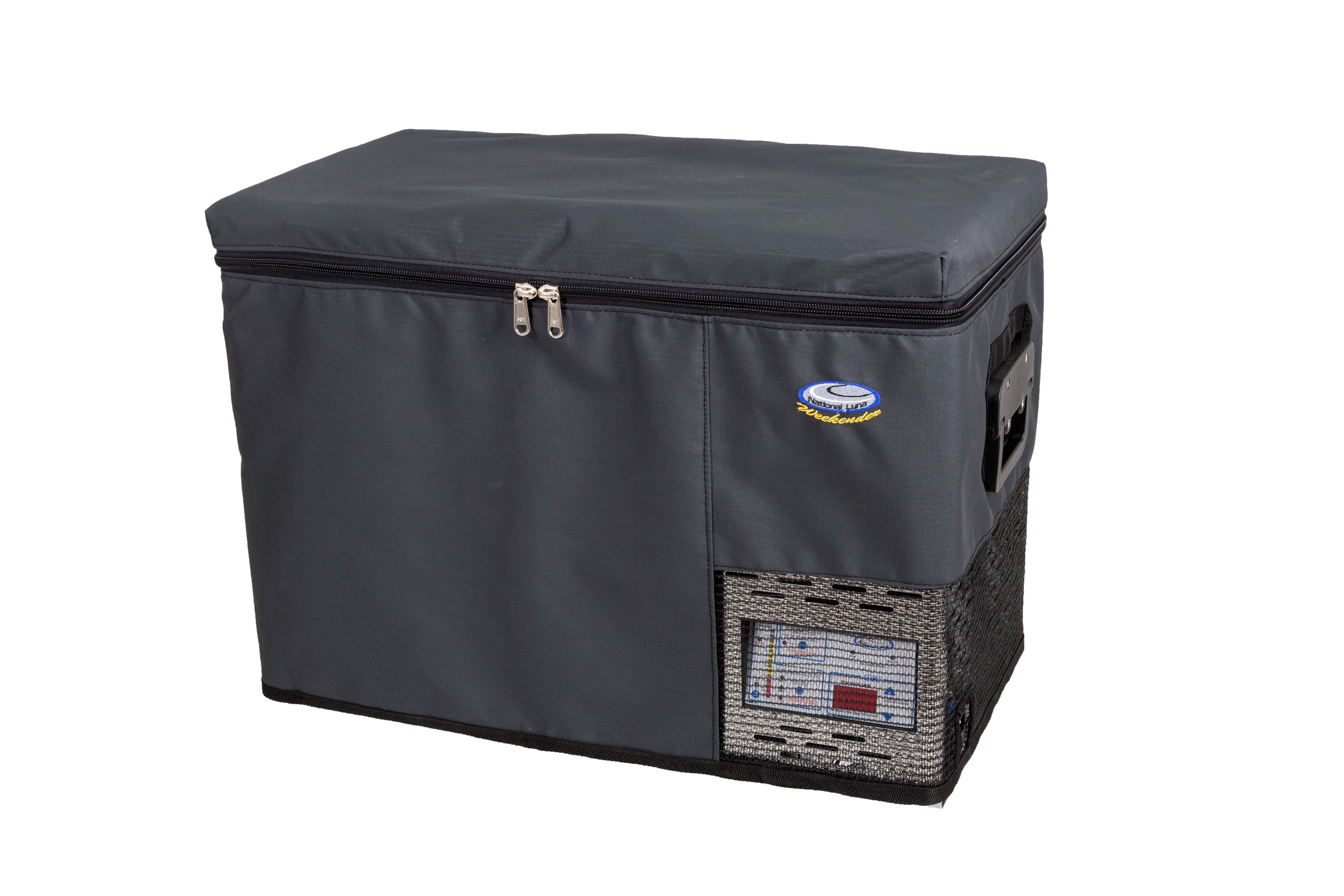 Overland camping fridge cover for portable refrigerator with zippered lid and side handles