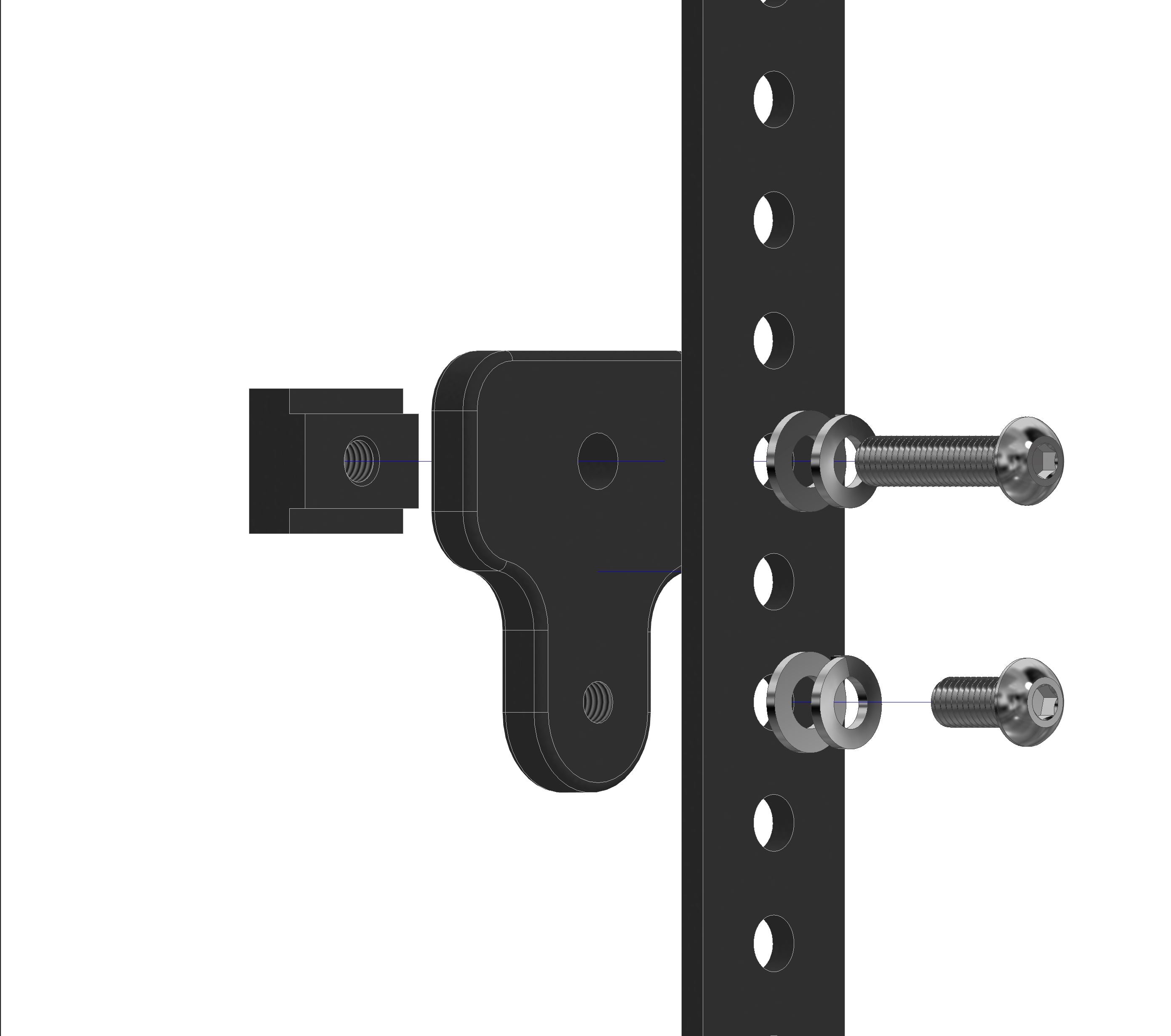 Bed rail mount bracket for Jeep or Dodge, shown with bolts and mounting holes for overlanding gear.
