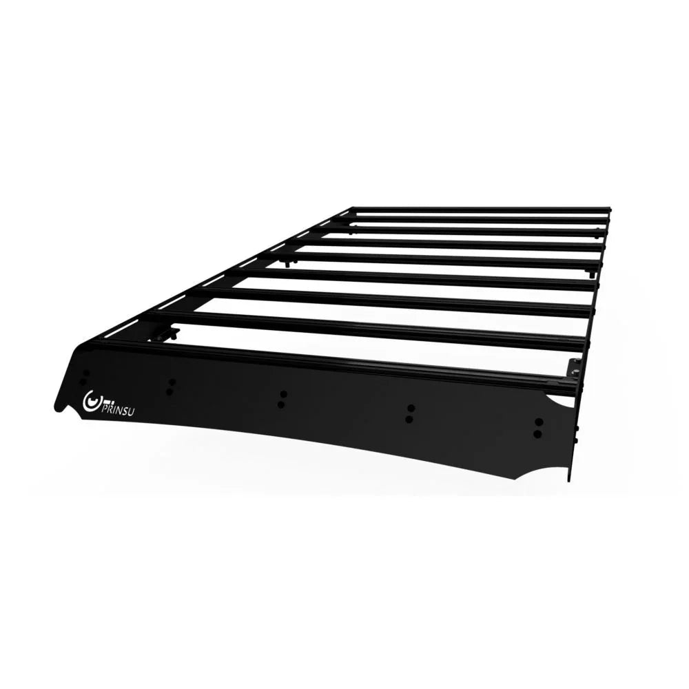 Black roof rack for overlanding and camping vehicle, side angle view