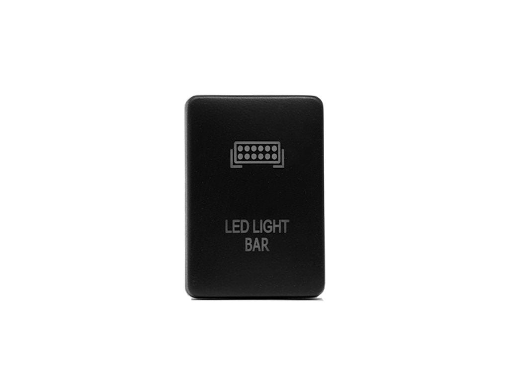 Black LED light bar switch for off-road vehicles on white background