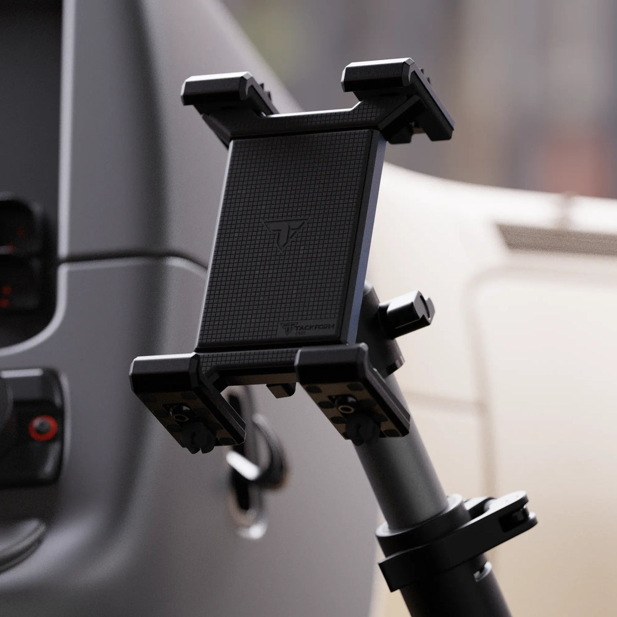 Tackform heavy duty seat rail floor bolt mount with 30 inch telescoping arm and SLATE tablet holder, universal fit
