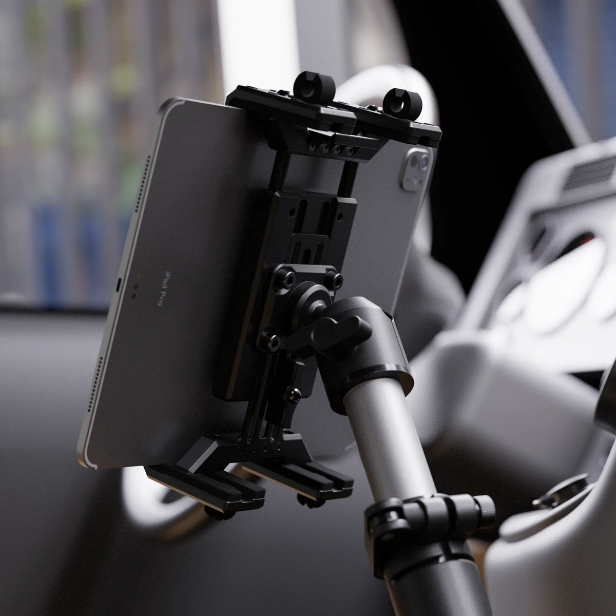 Tackform heavy duty seat rail floor bolt mount with 30 inch telescoping arm and SLATE tablet holder, universal fit