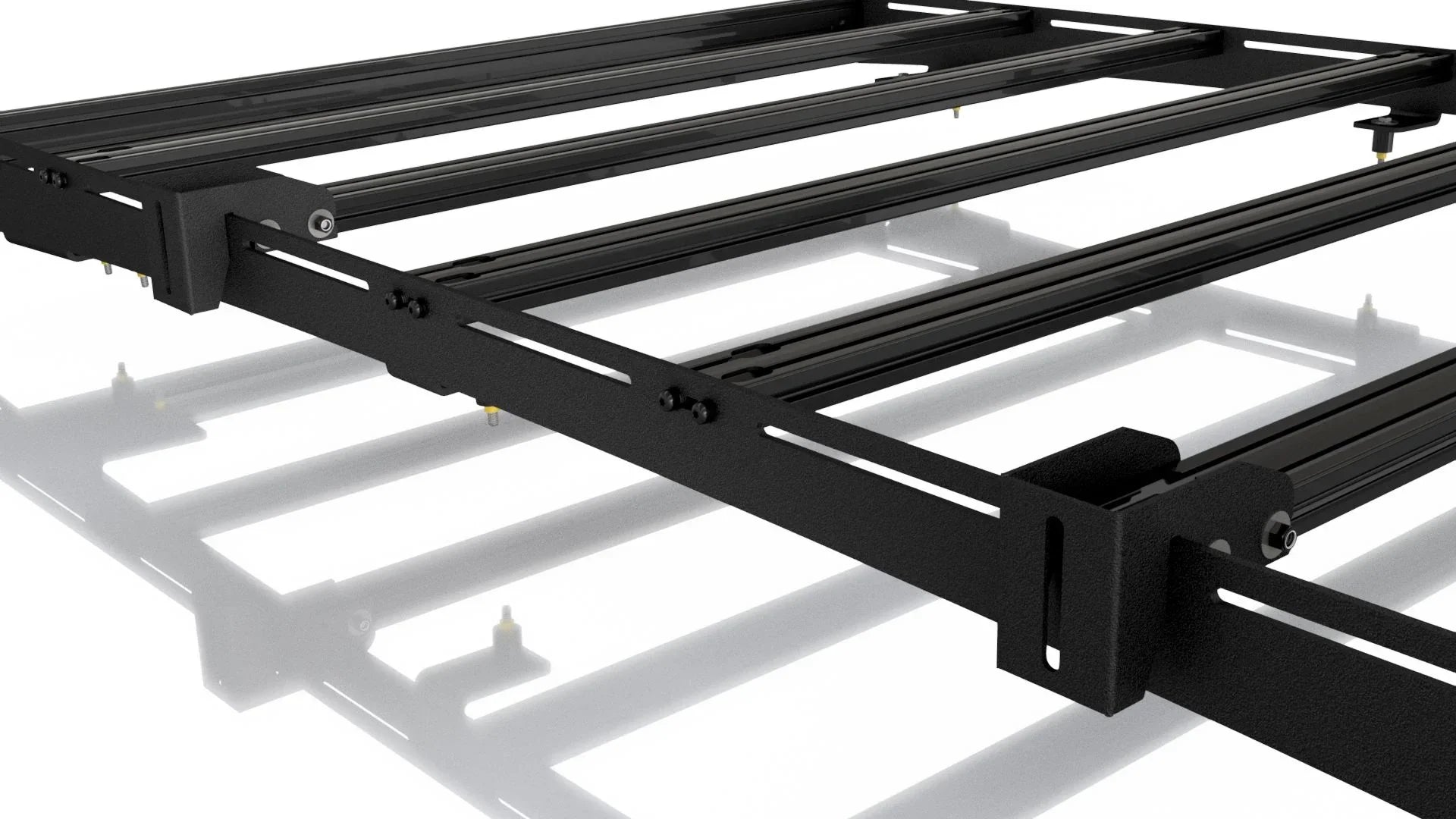 Close-up of a black metal low profile roof rack for overlanding vehicles