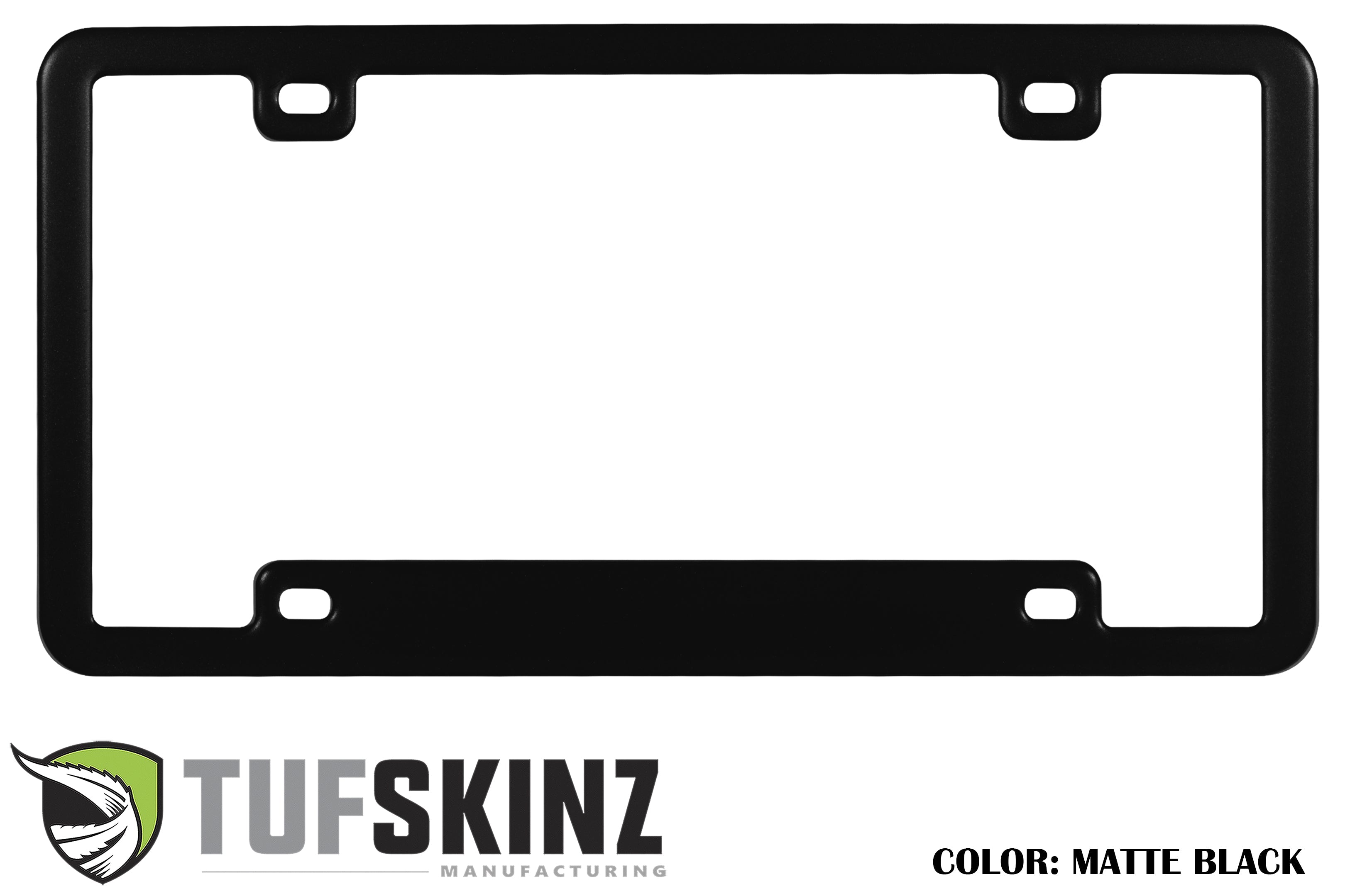Matte black license plate frame for vehicles, TufSkinz branding, overland accessory