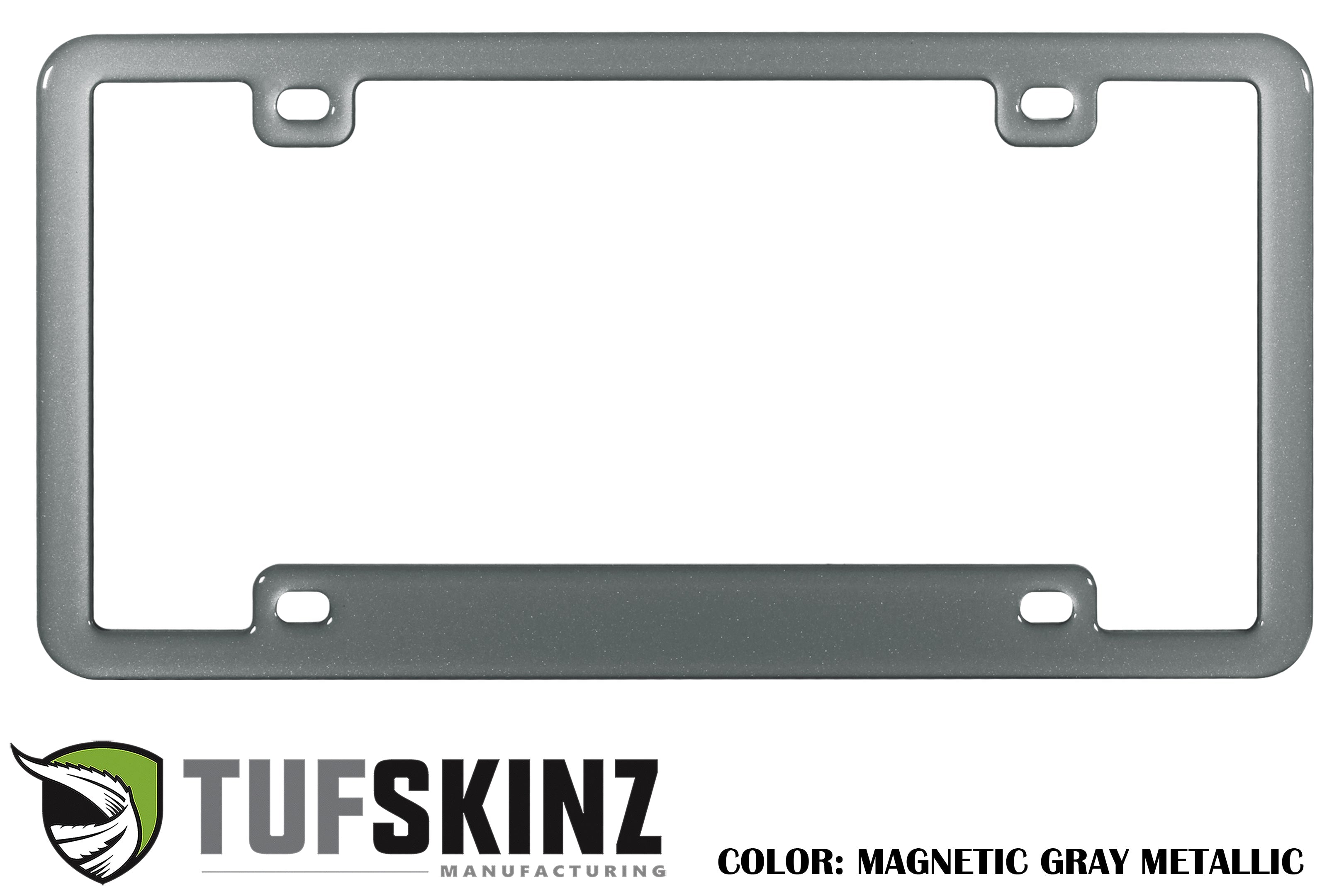 Magnetic gray metallic license plate frame with Tufskinz logo, accessory for off-road vehicles