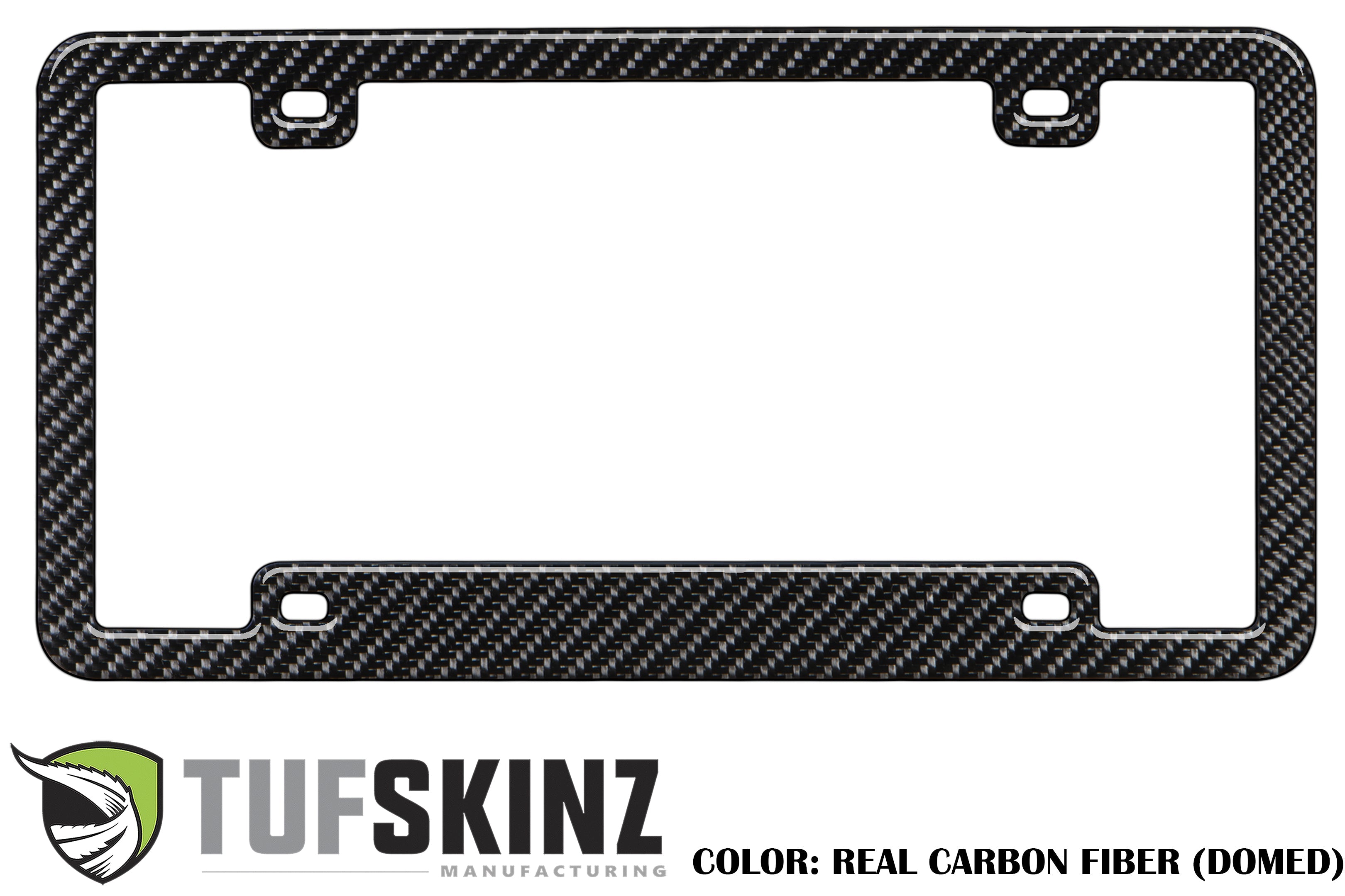 Domed real carbon fiber license plate frame with Tufskinz logo, vehicle accessory