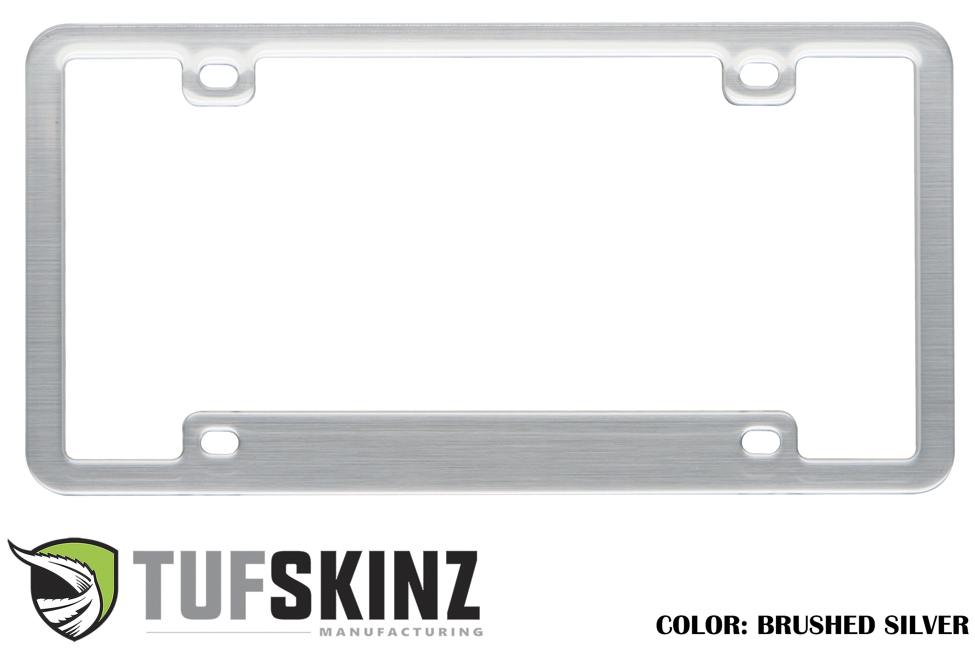 Brushed silver license plate frame for vehicles, TufSkinz branding, durable car accessory