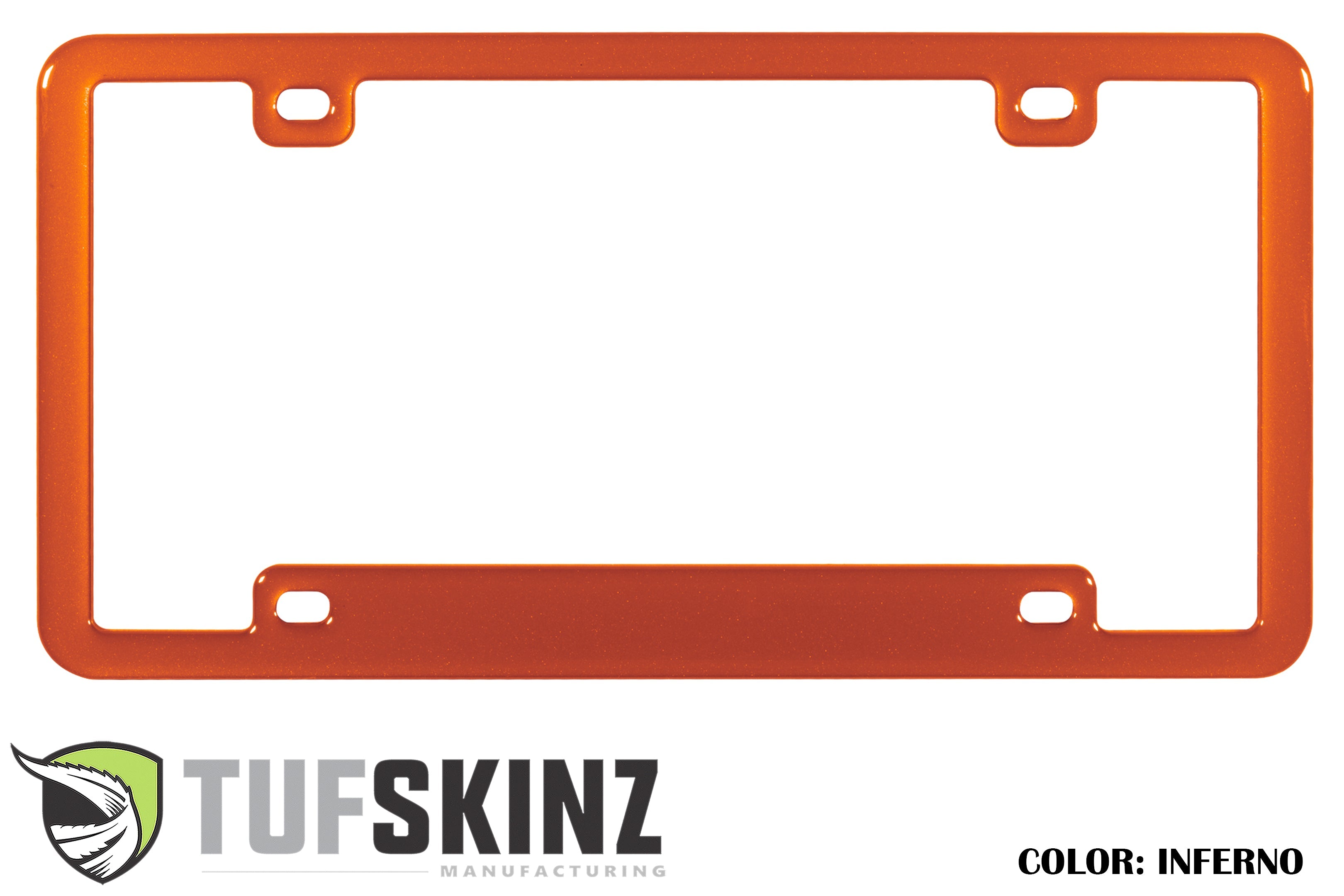 Orange license plate frame for vehicles, color Inferno, with Tufskinz logo at the bottom.