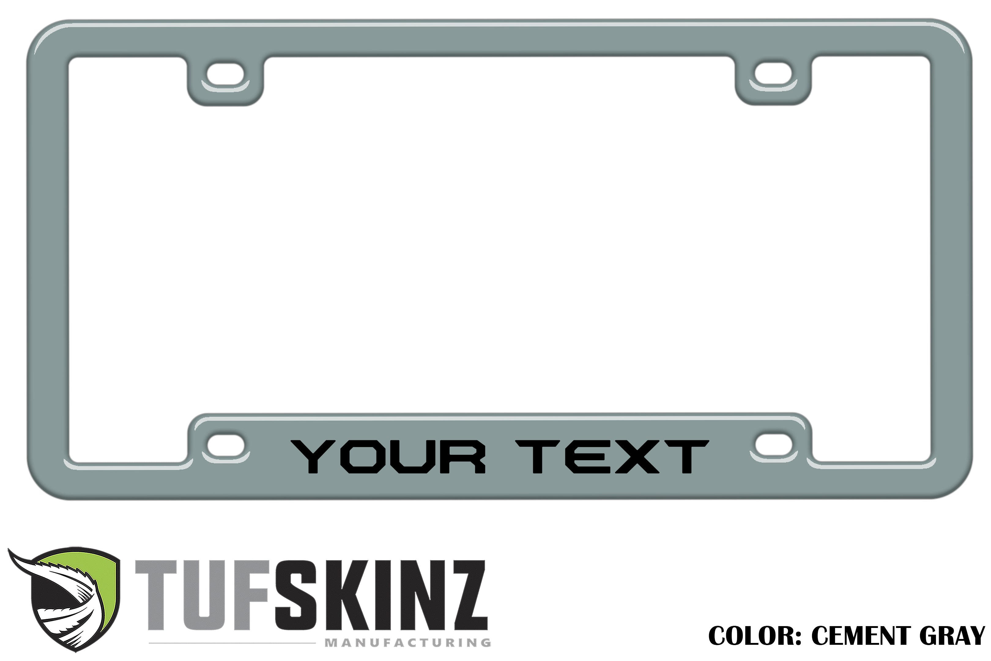 Cement gray customizable license plate frame, rugged design for off-road vehicles.
