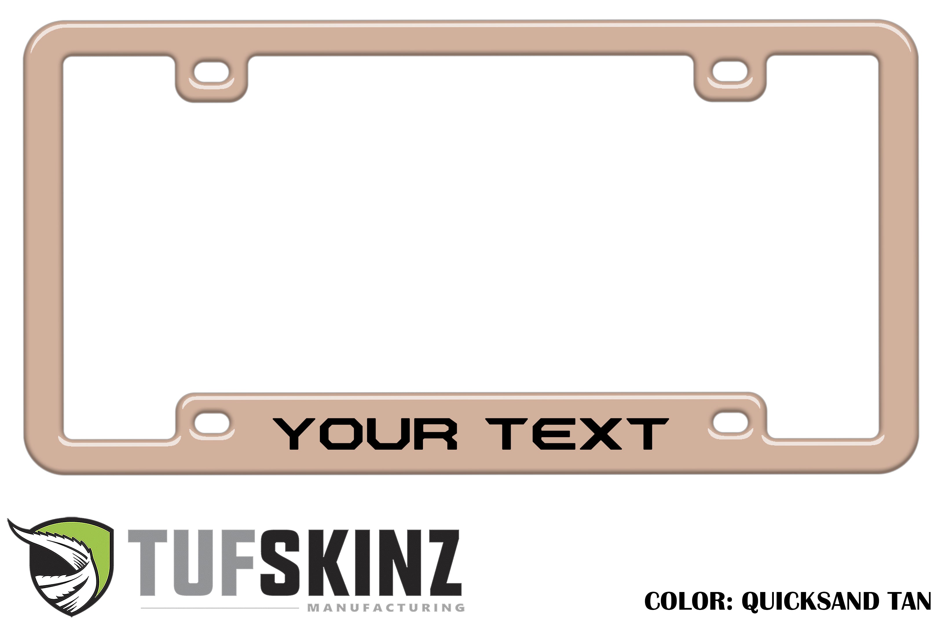 Quicksand tan license plate frame with customizable text, overland vehicle accessory.