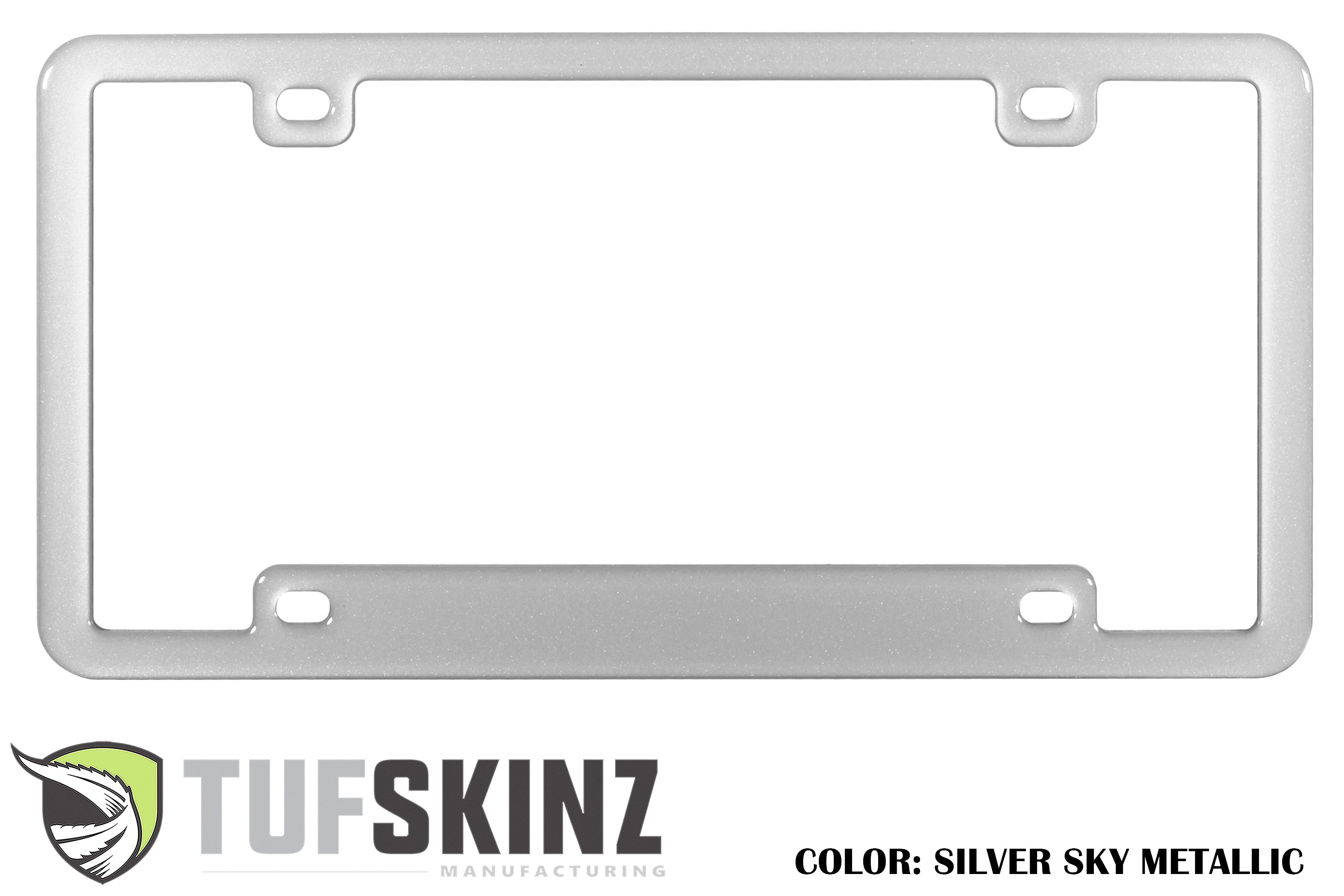 Silver Sky Metallic license plate frame for off-road vehicles, four mounting holes, Tufskinz logo