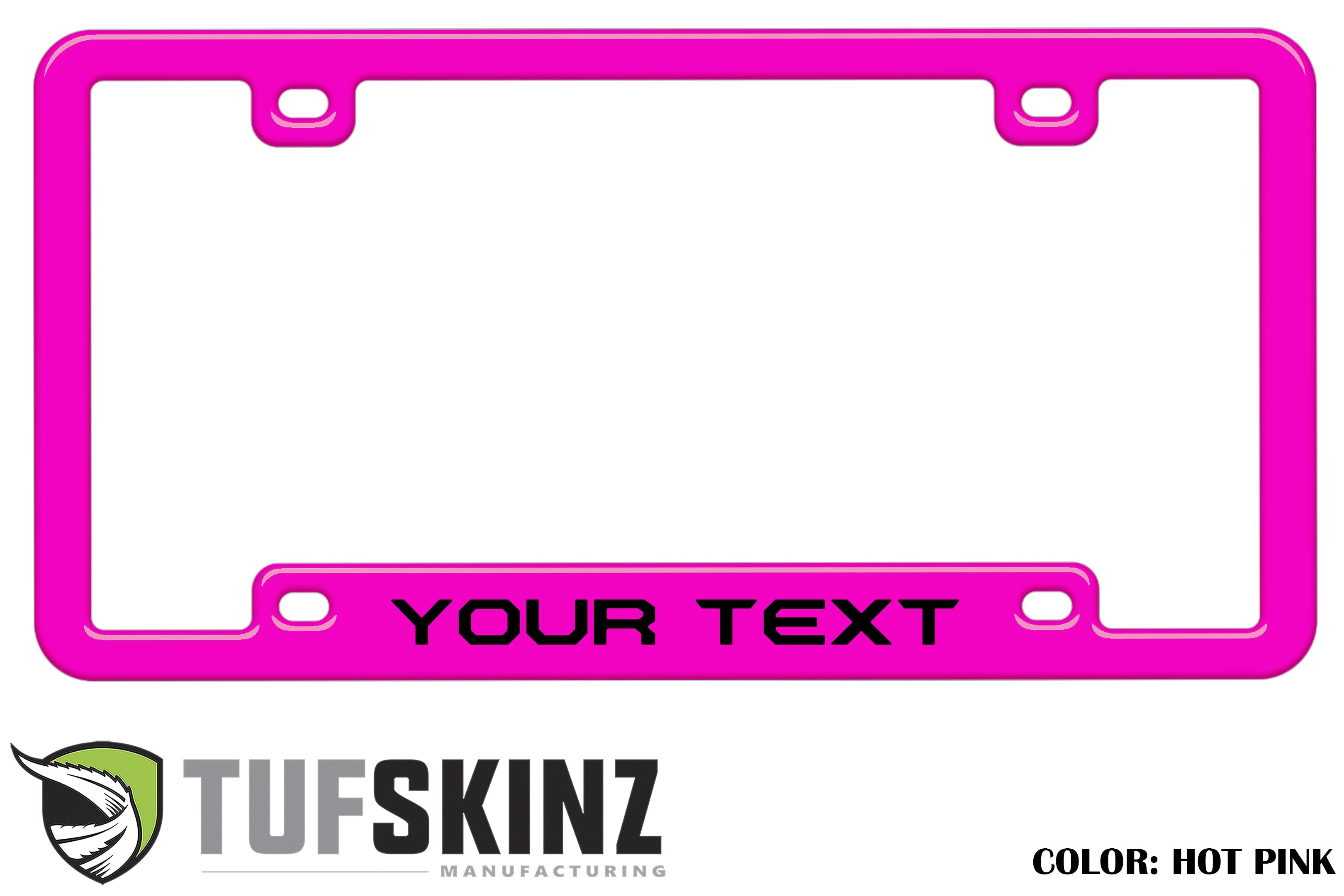 Hot pink custom license plate frame with YOUR TEXT placeholder, overlanding accessory.
