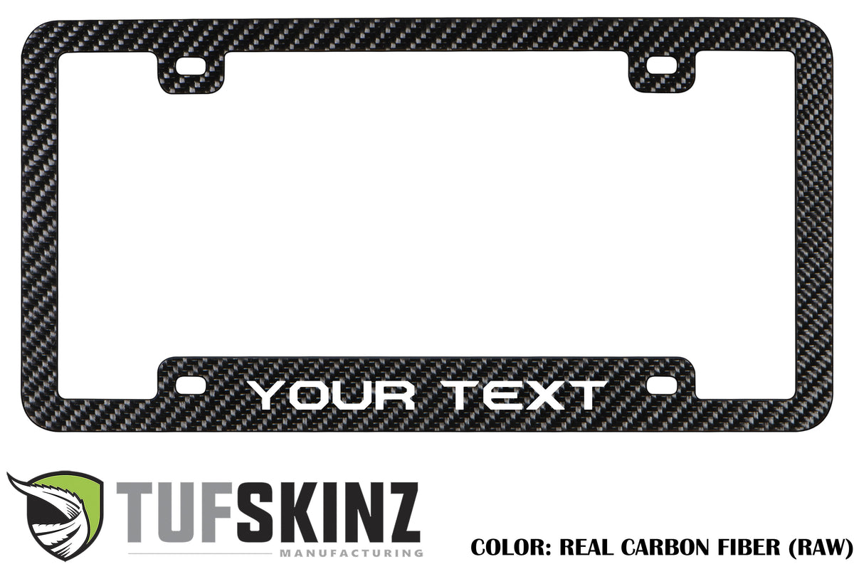 Tufskinz license plate frame with custom text, universal fit