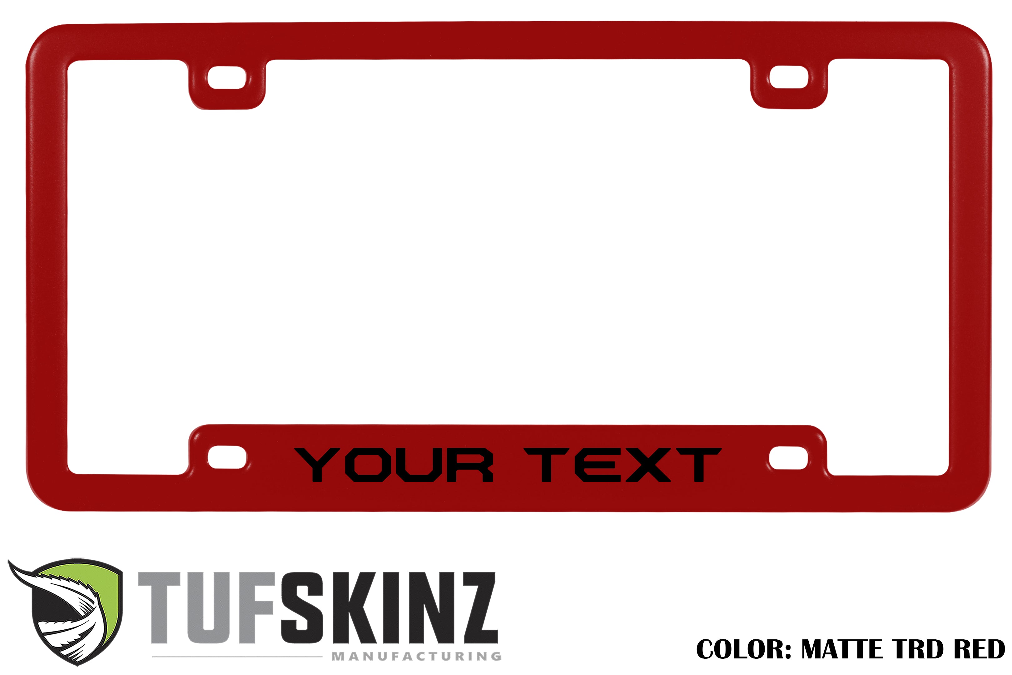 Matte red customizable license plate frame with YOUR TEXT for trucks and SUVs