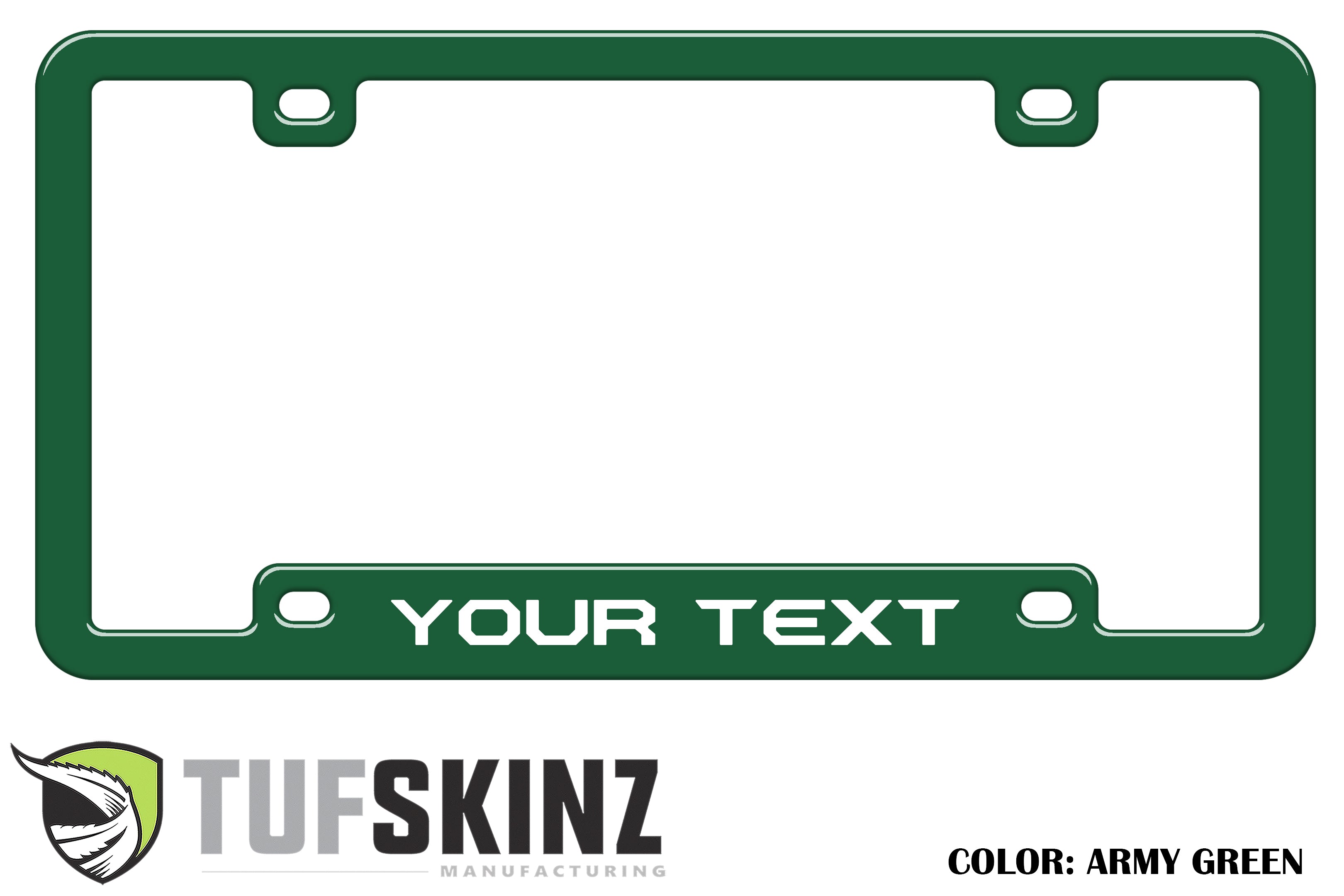 Army green customizable license plate frame with bold white text, ideal for off-road vehicles