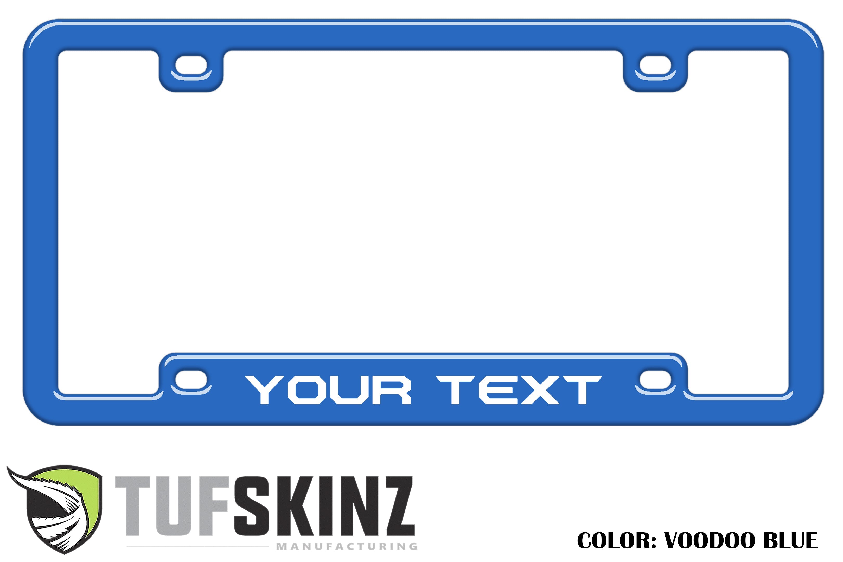 Voodoo blue custom license plate frame with bold YOUR TEXT label, ideal for vehicles