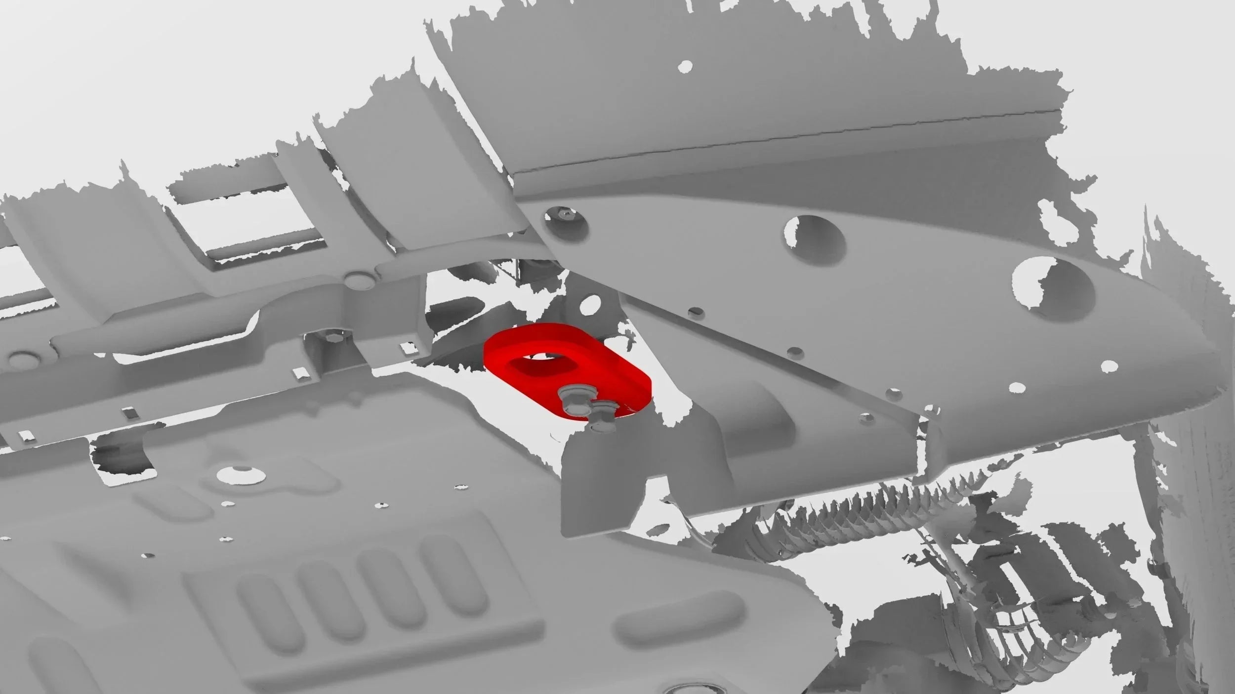 Red tow hook mounted under a vehicle chassis for off-road recovery