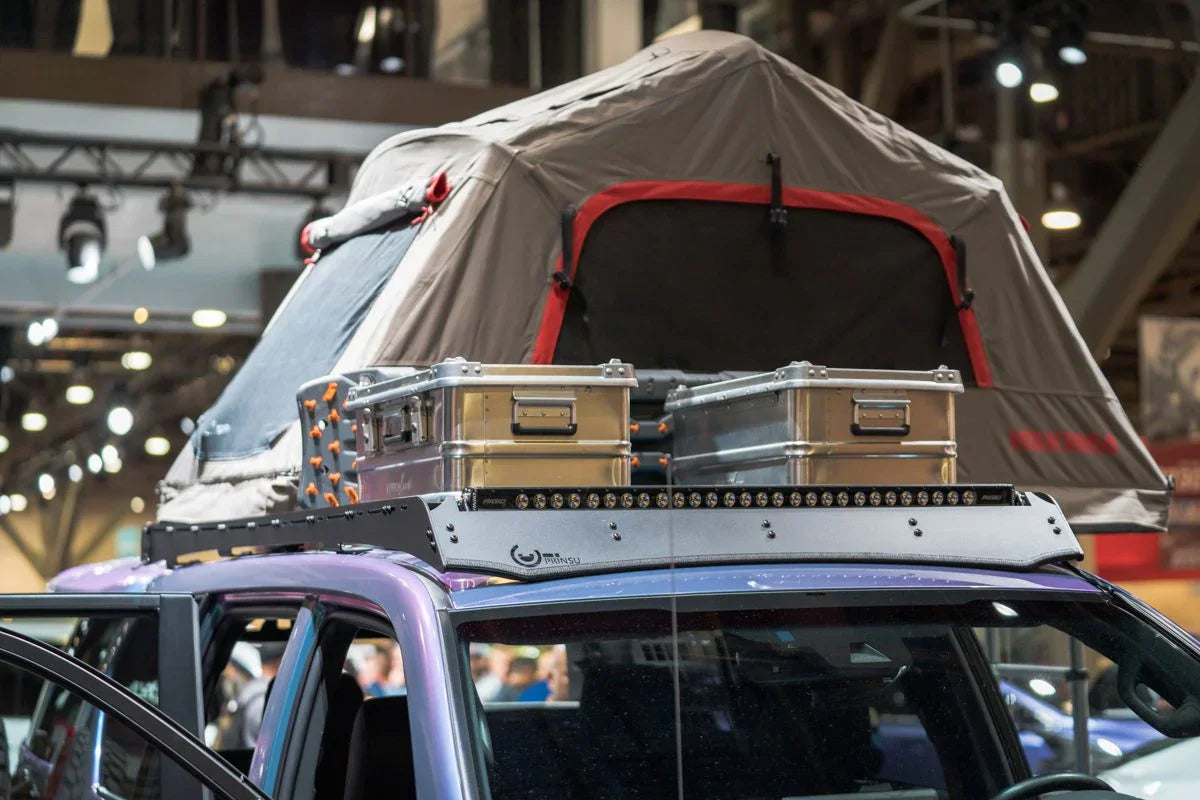 Lexus GX460 with rooftop tent, storage boxes, and Prinsu roof rack for overlanding