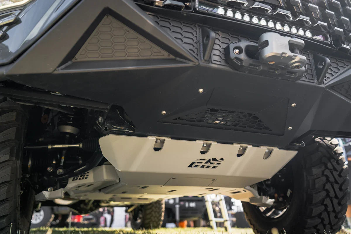 Lexus GX460 equipped with heavy-duty skid plates for off-road protection, close-up view