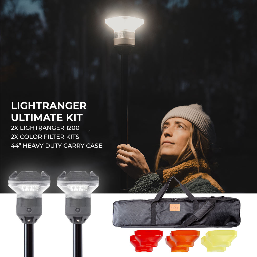 LightRanger Ultimate Kit with two LED camp lights, color filter kits, carry case, shown outdoors