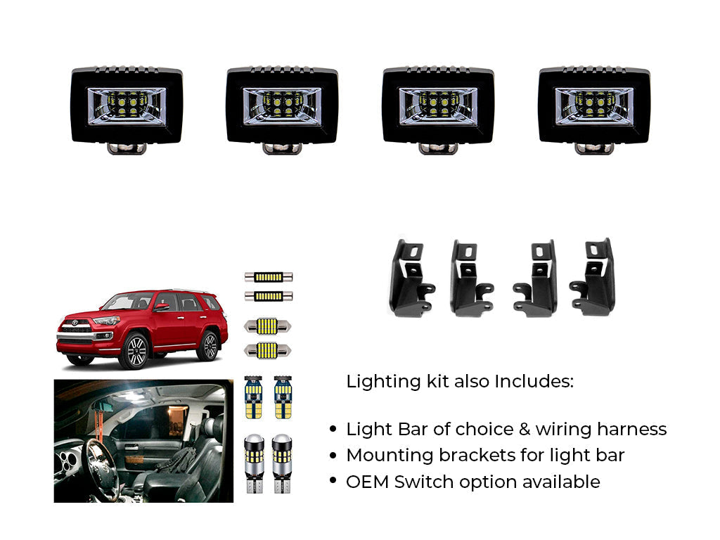 Off-road vehicle LED lighting kit with light pods, wiring harness, mounting brackets, and LED bulbs for Toyota SUV.