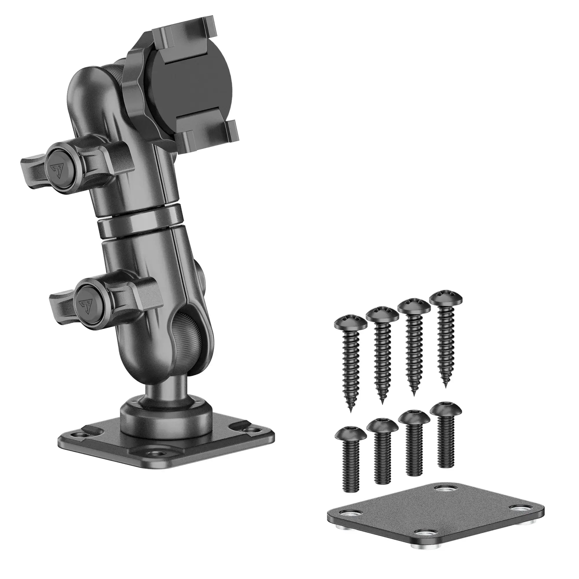 Adjustable mounting bracket with screws and metal plate for overland vehicle accessories