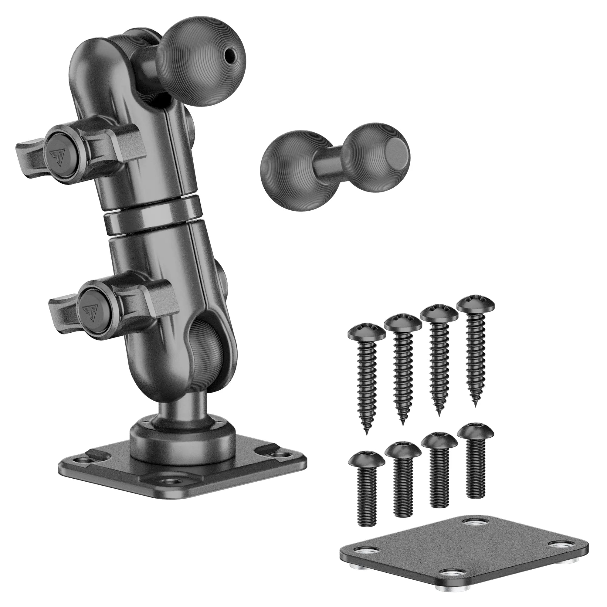 Adjustable black mounting arm with screws and metal mounting plates for vehicle accessories
