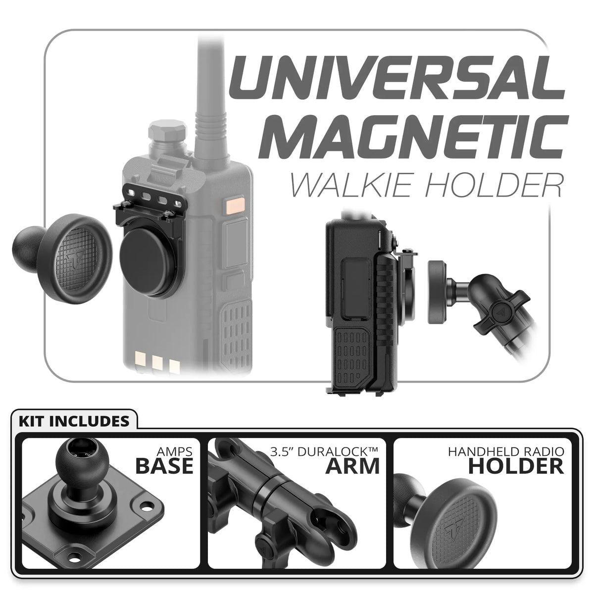 Tackform universal magnetic handheld radio holder, Fast AMPS base and 3.5" arm, universal fit