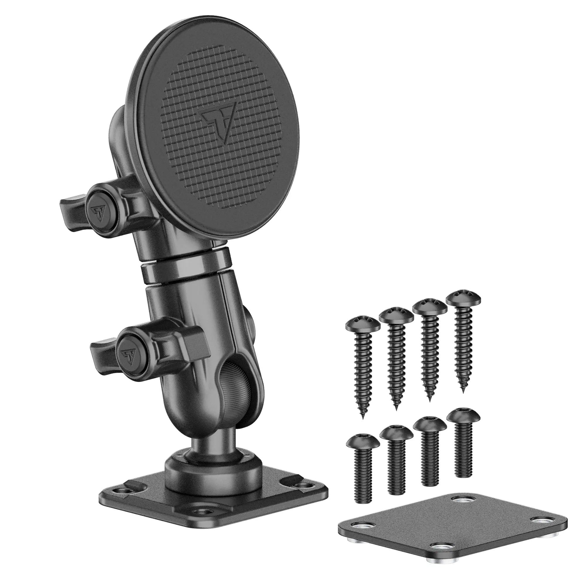 Adjustable black magnetic phone mount with base plate and screws for vehicle dashboards.