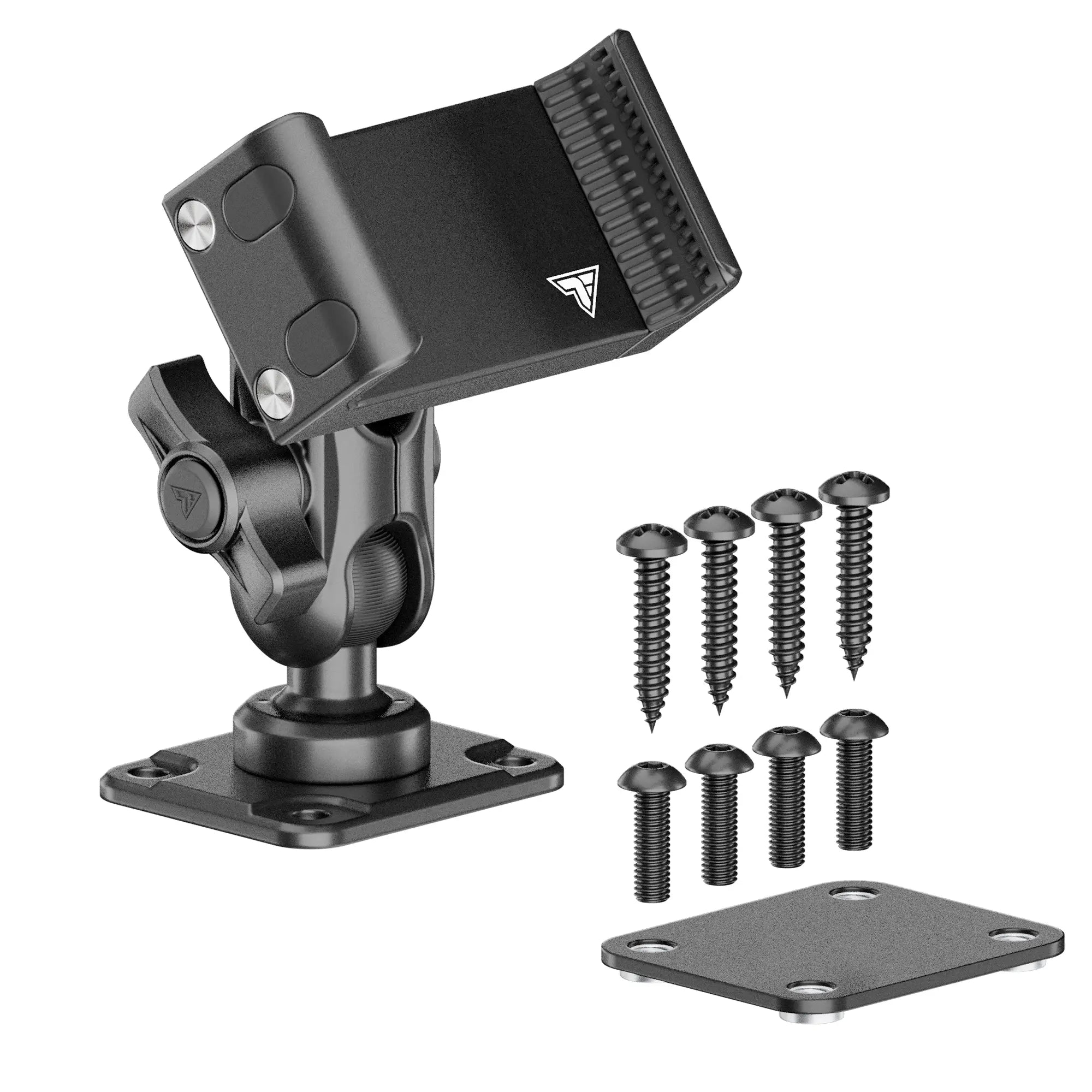Adjustable black phone or device mount bracket with mounting screws and base plate, isolated on white
