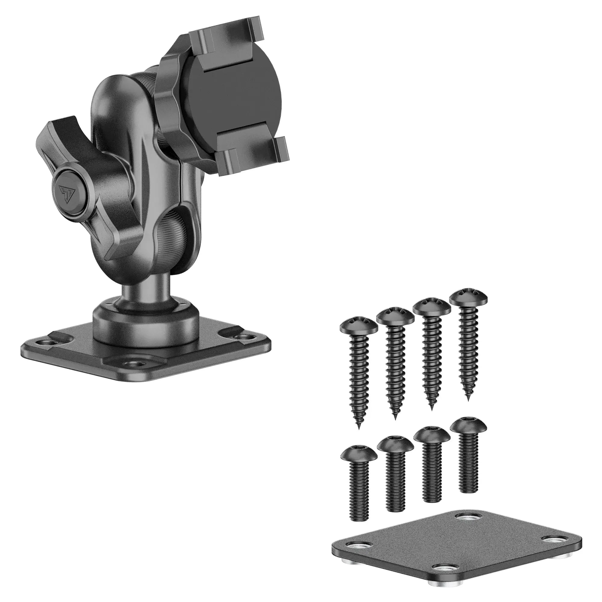 Adjustable black metal mount kit with screws and installation plate for vehicle accessories.