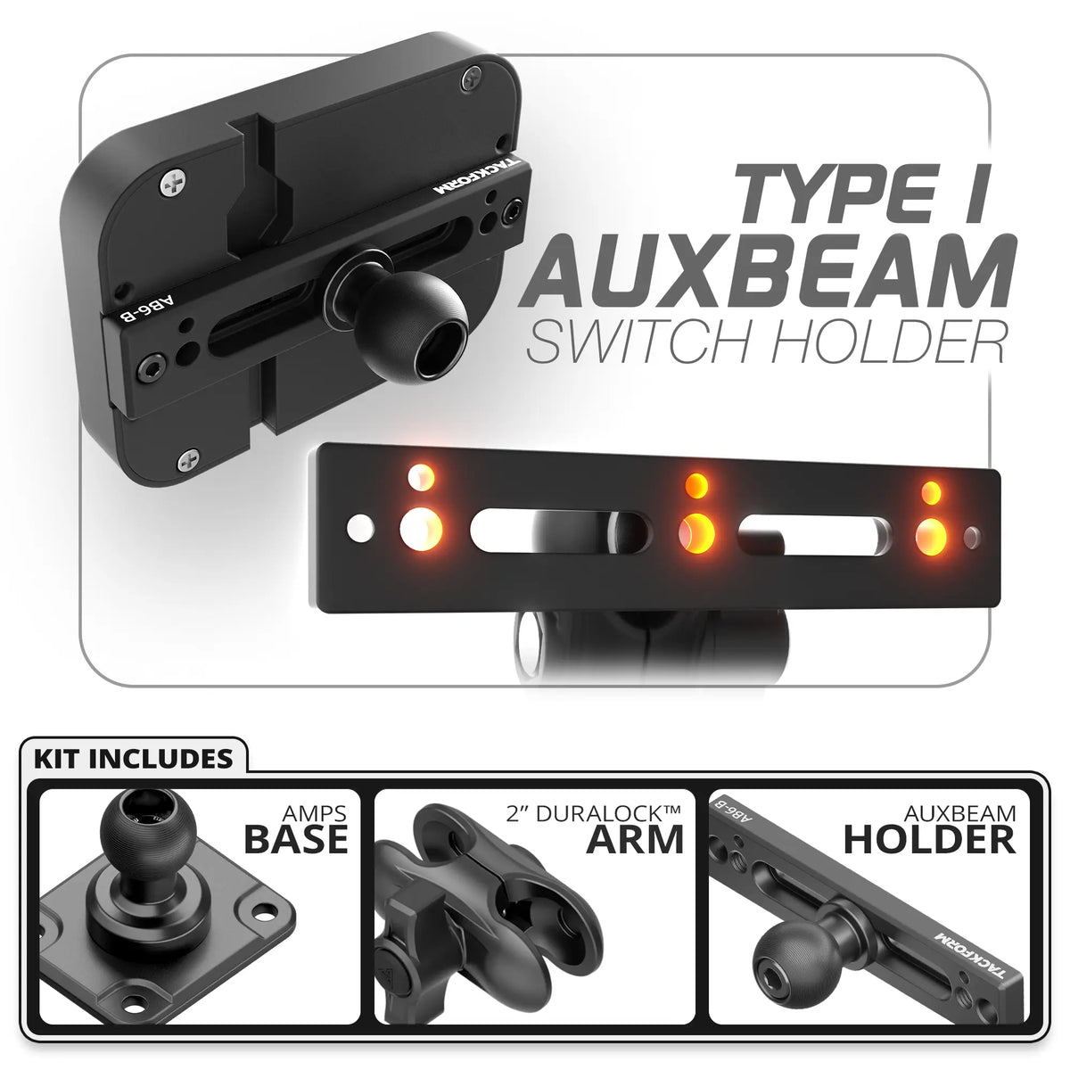 Tackform Auxbeam switch panel holder on AMPS base with 2 inch arm, universal fit