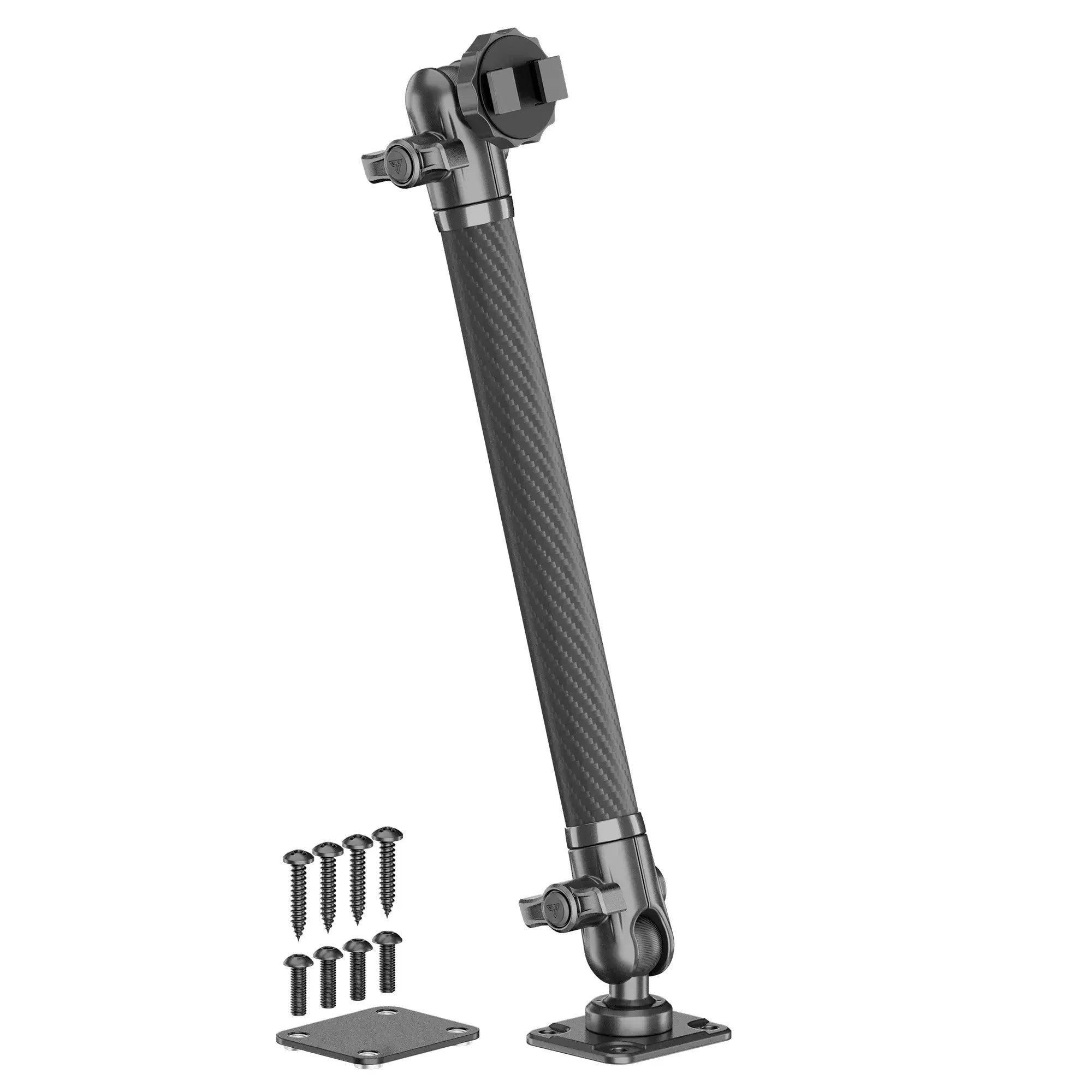 Carbon fiber adjustable vehicle accessory mounting arm with base plates and screws