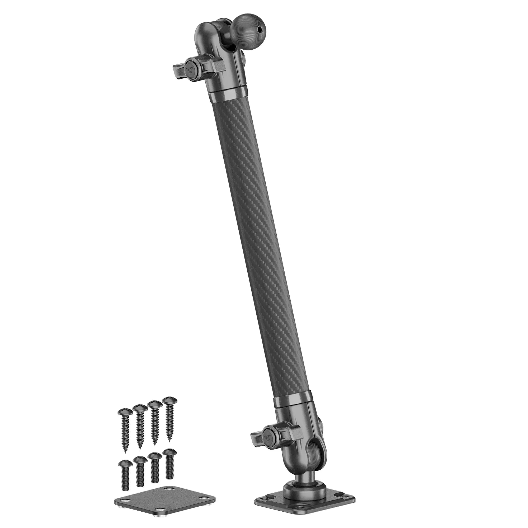 Adjustable black carbon fiber mounting arm with two base plates and installation screws for off-road vehicles
