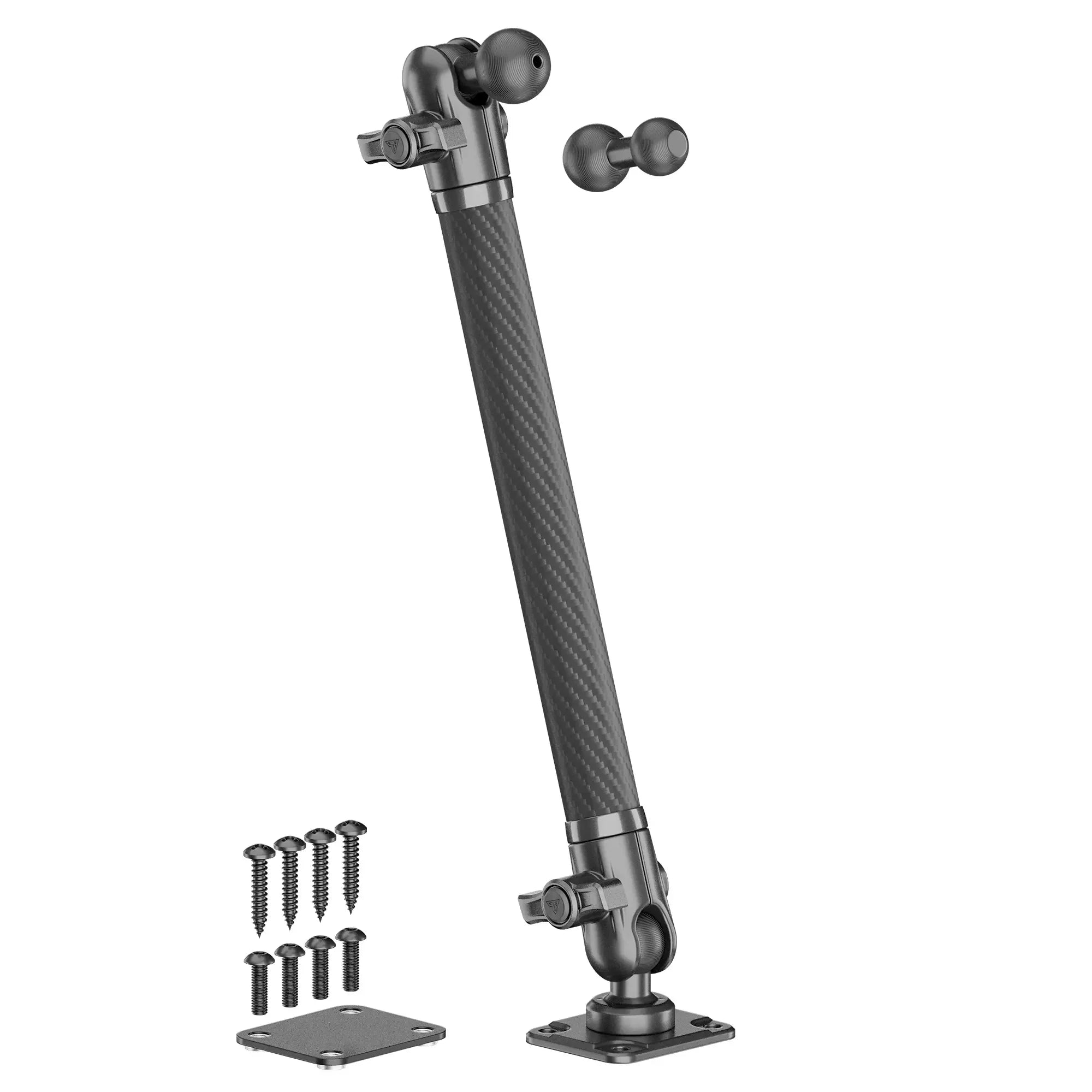 Adjustable carbon fiber mounting arm with ball joints, hardware, and mounting plates