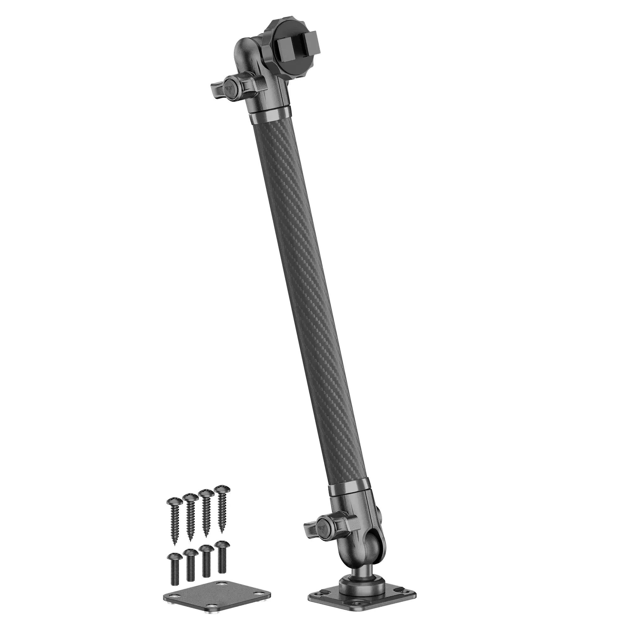 Adjustable black aluminum support strut with mounting plates and screws for vehicle accessories