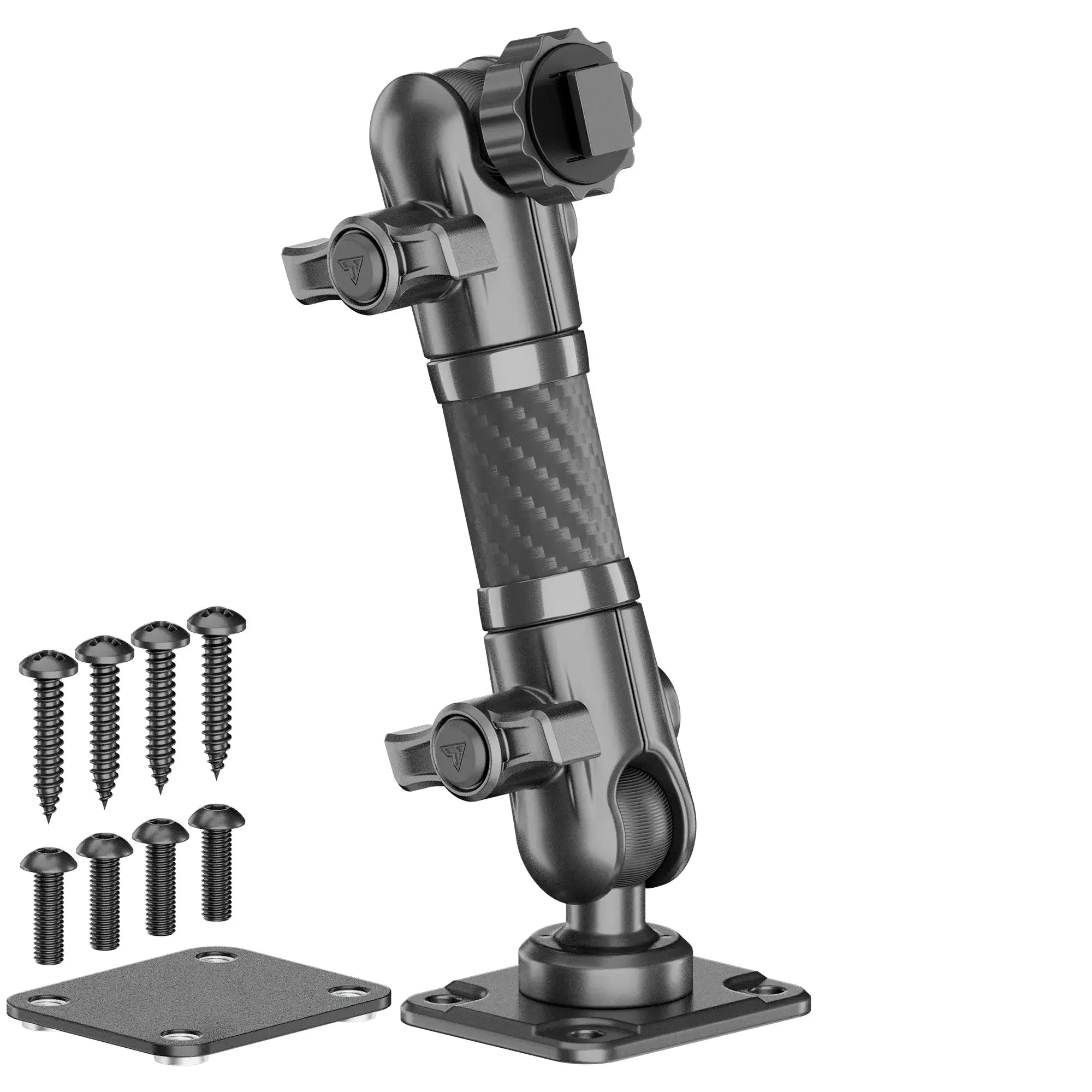 Adjustable metal mounting arm with screws and base plates for vehicle accessories installation