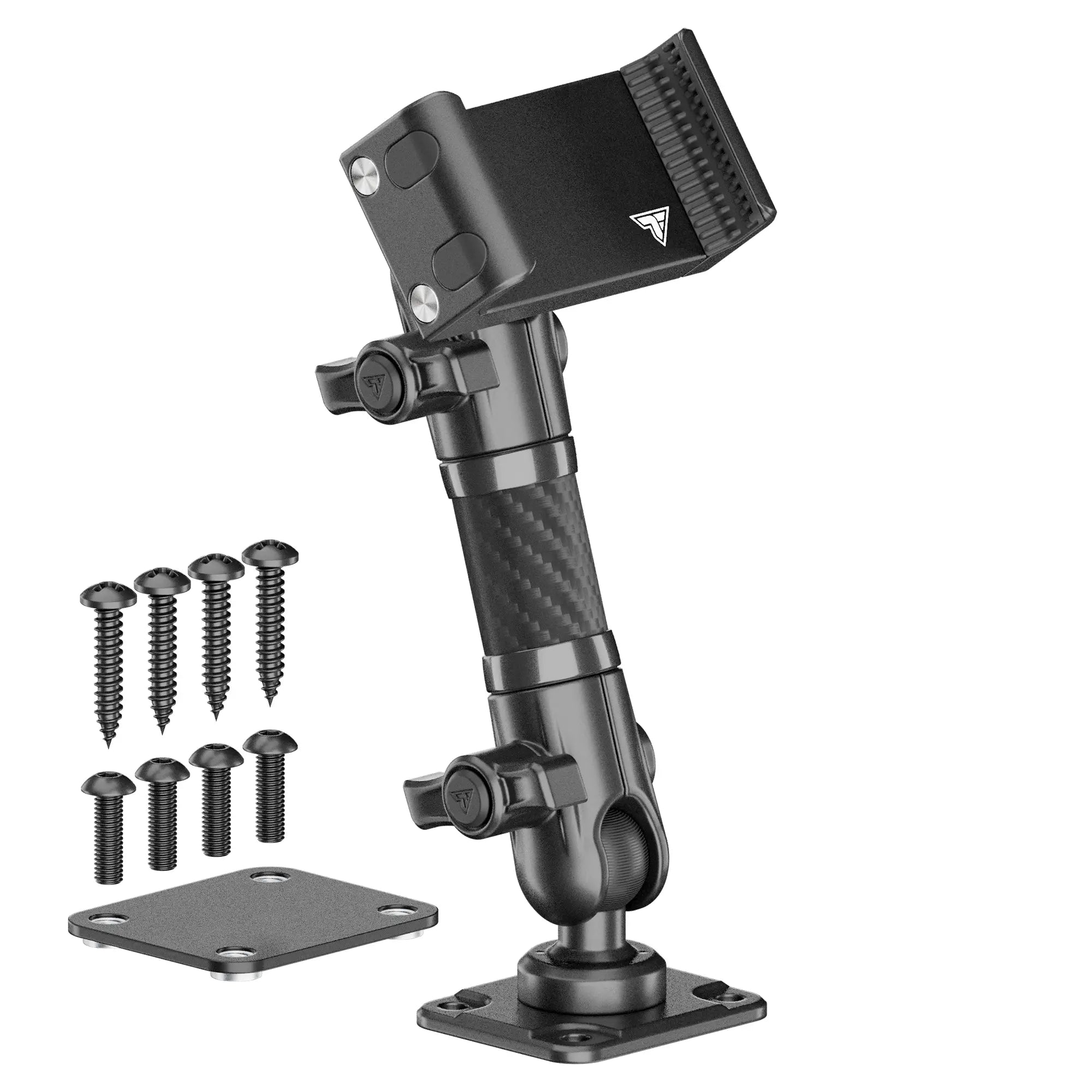 Heavy-duty adjustable off-road phone mount with screws and mounting plate for vehicles