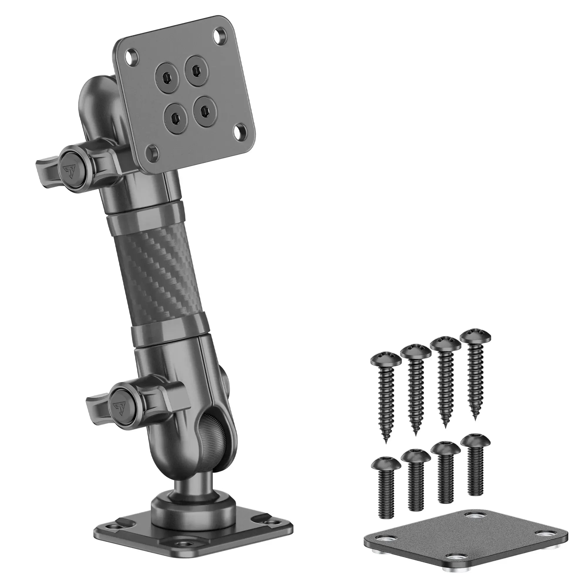 Adjustable metal mounting arm with carbon fiber texture and screw hardware kit