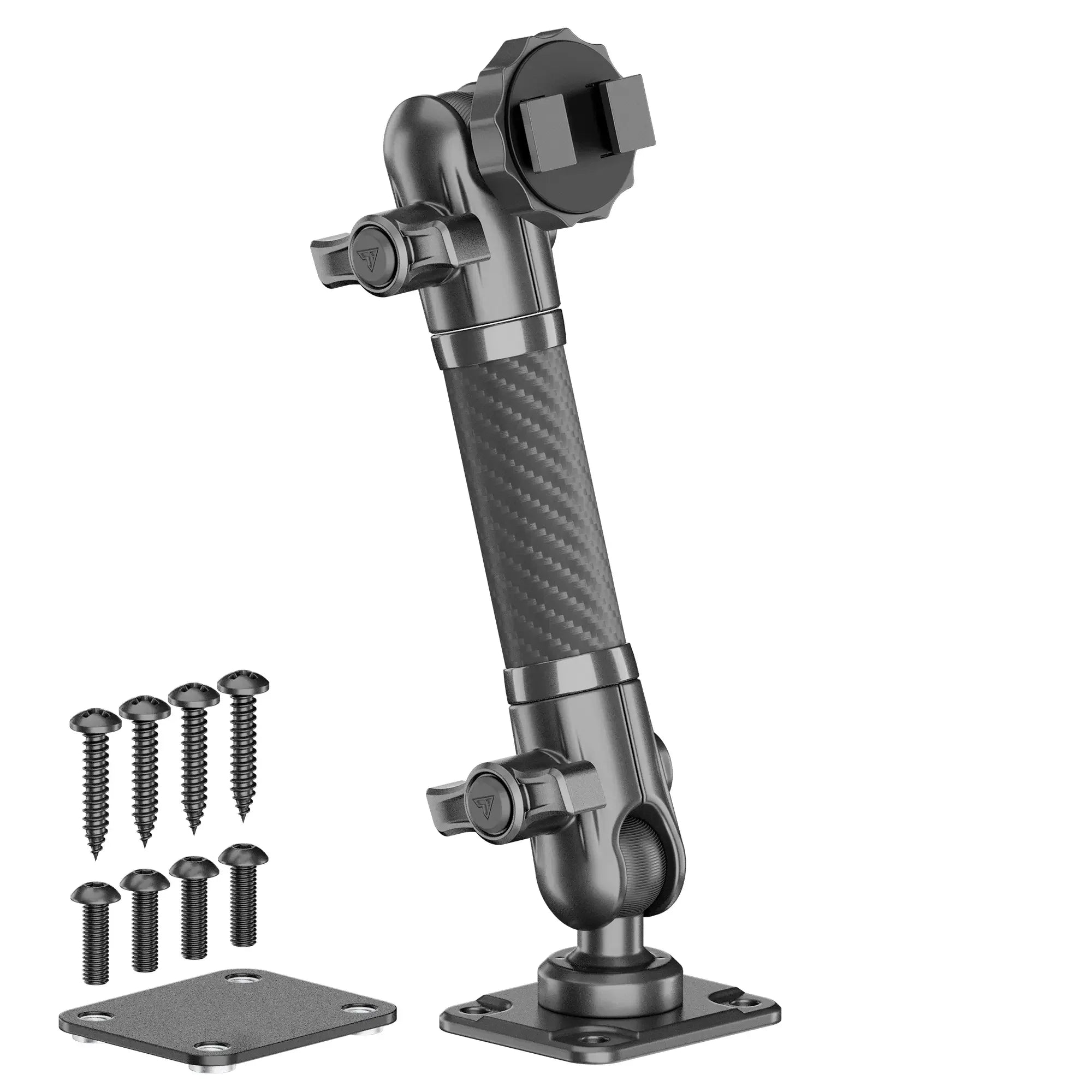Adjustable heavy-duty mounting arm with screws and base plates for vehicle accessories